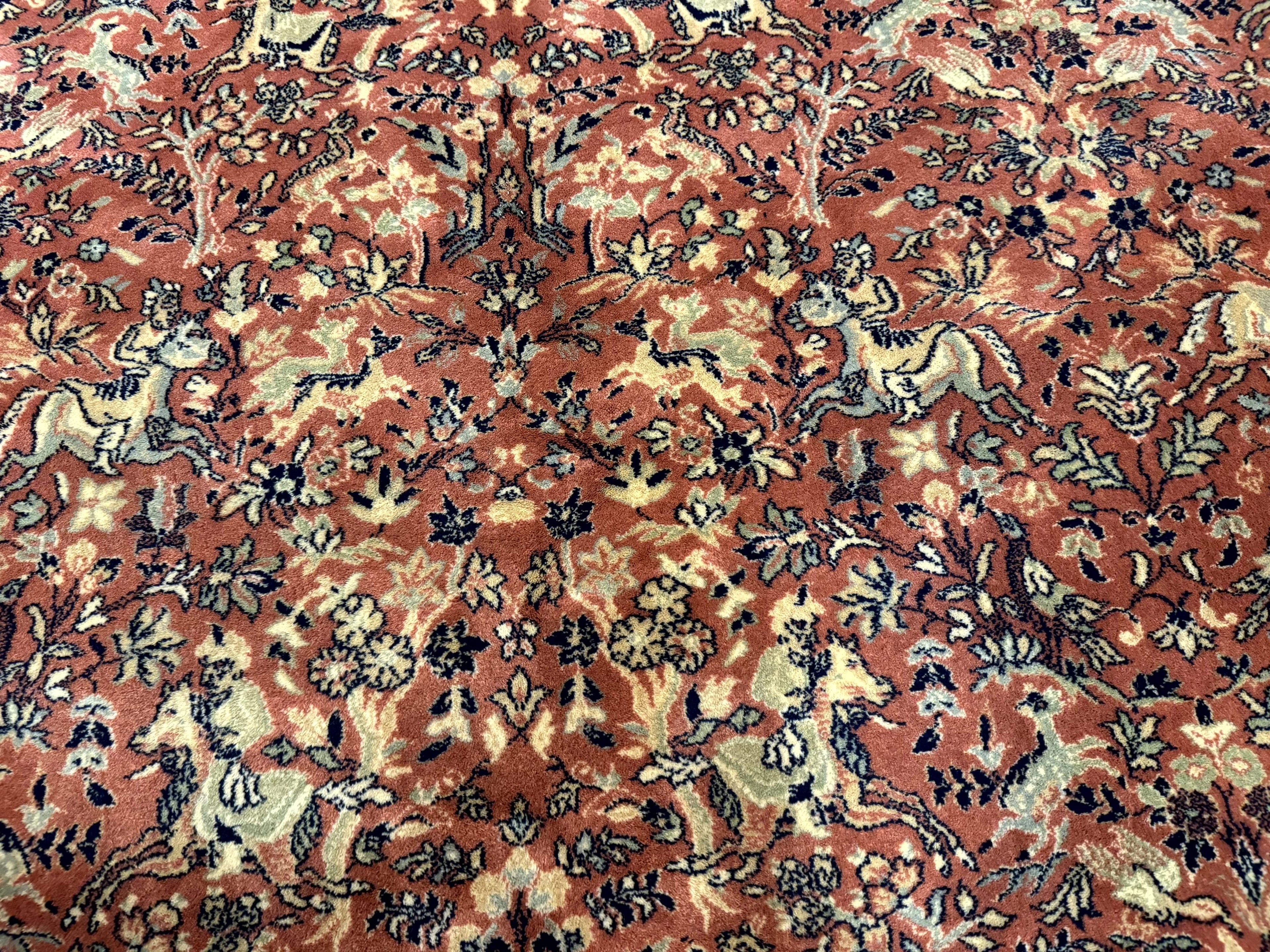 Persian Area Rug 8 x 11.6, Wool, Royal Hunting Scene, Vintage Couristan Rug, Red, Allover Pattern, Belgium Power Loomed