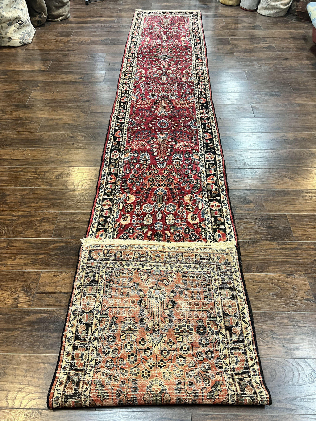 Antique Persian Runner Rug 2.9 x 17, Rare Sarouk Runner, Handmade Wool Rug for Hallway, Red, Floral