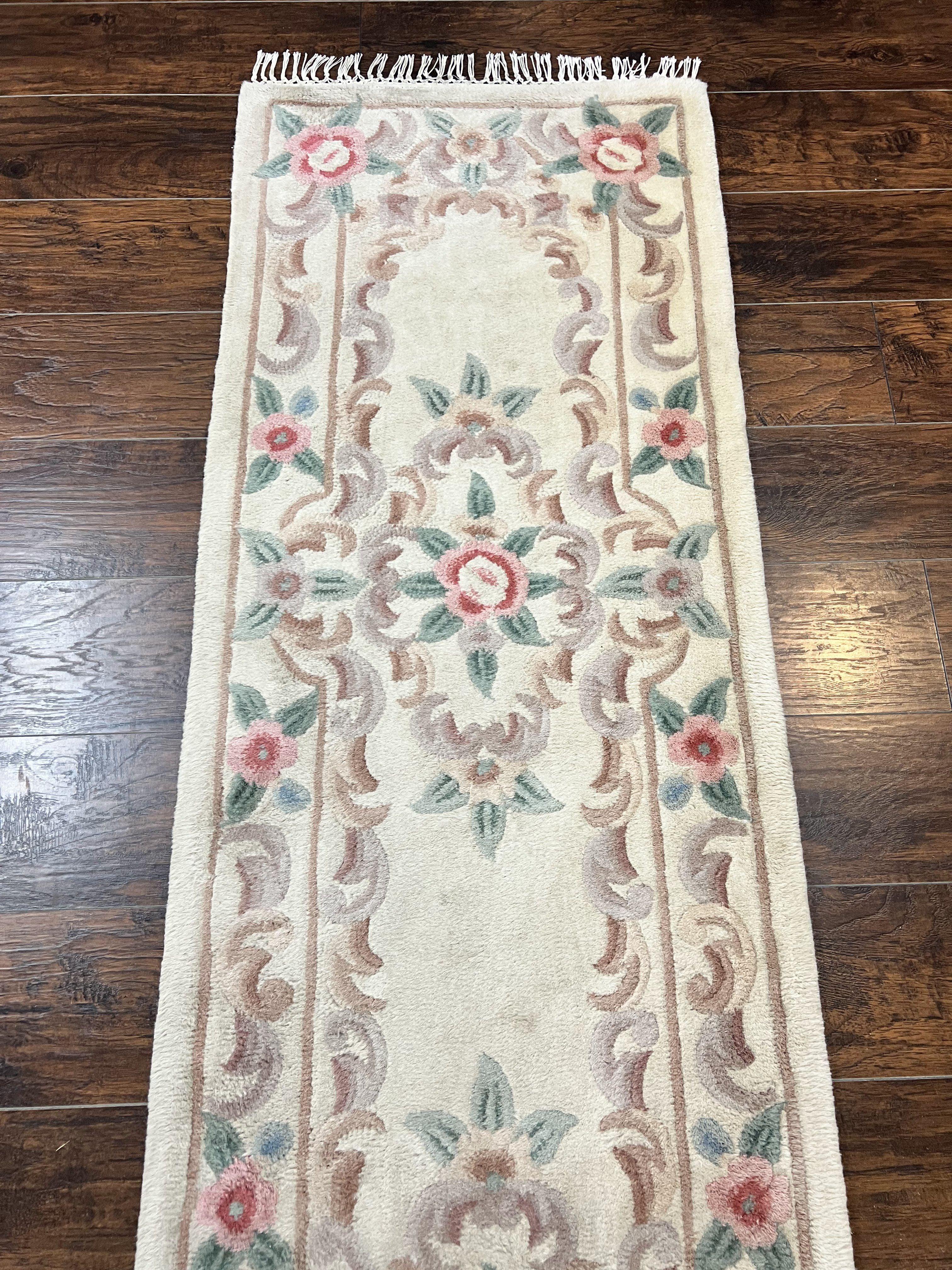 Chinese Aubusson Runner Rug 2.4 x 11, Hand Tufted Beige Floral European Design Hallway Rug, Elegant Rug, Vintage Wool Rug 11ft Long