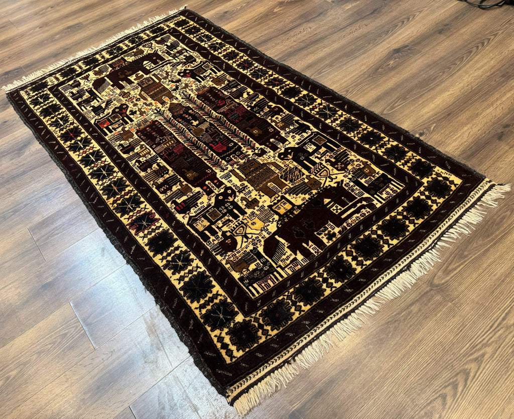 Persian Baluch Tribal Rug 4x6, Human and Bird Pictorials, Vintage, Wool, Collectible