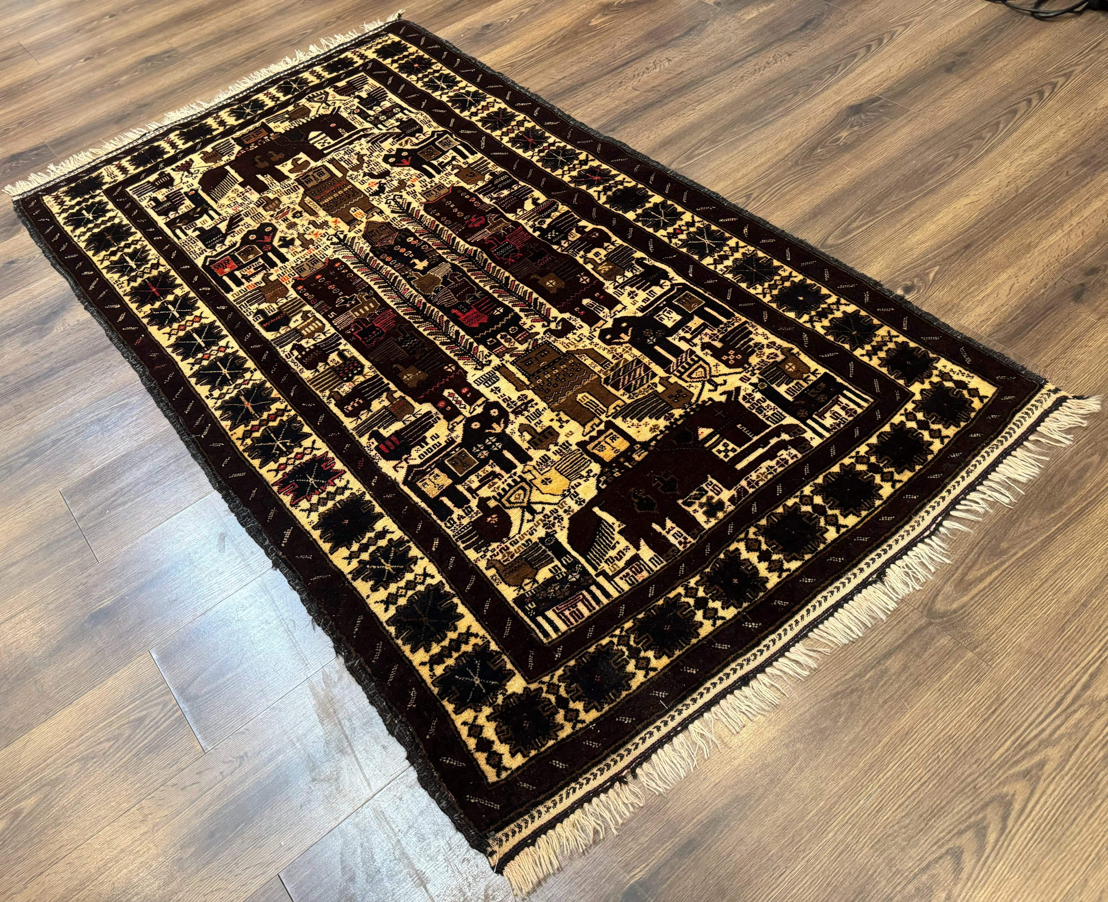 Persian Baluch Tribal Rug 4x6, Human and Bird Pictorials, Vintage, Wool, Collectible