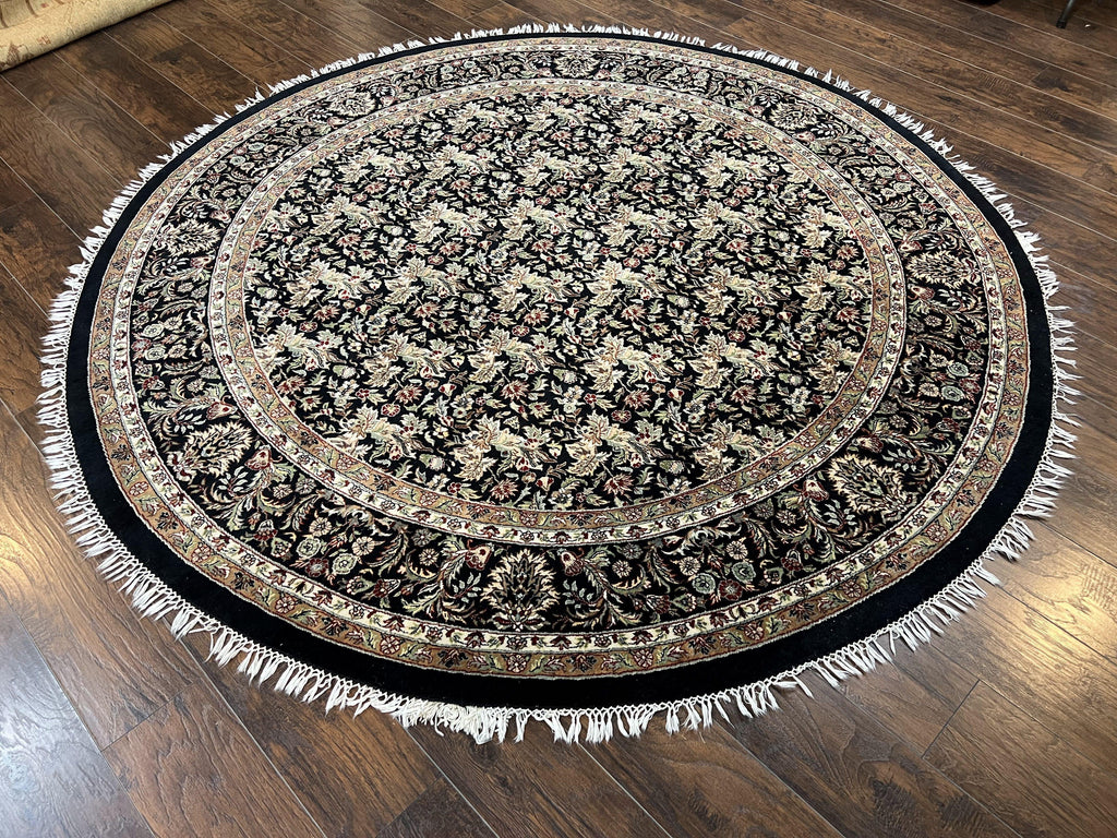 Round Oriental Rug 8x8 ft, William Morris Floral Pattern Carpet, 8 x 8 ft Round Rug, Black Cream and Tan 8ft Round Handmade Indo Persian Rug