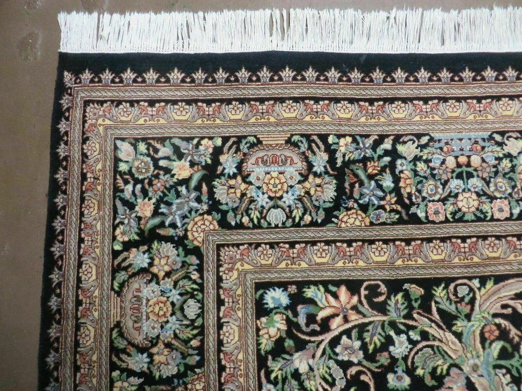8' X 10' Vintage Handmade Pakistani Floral Wool Rug Black Nice
