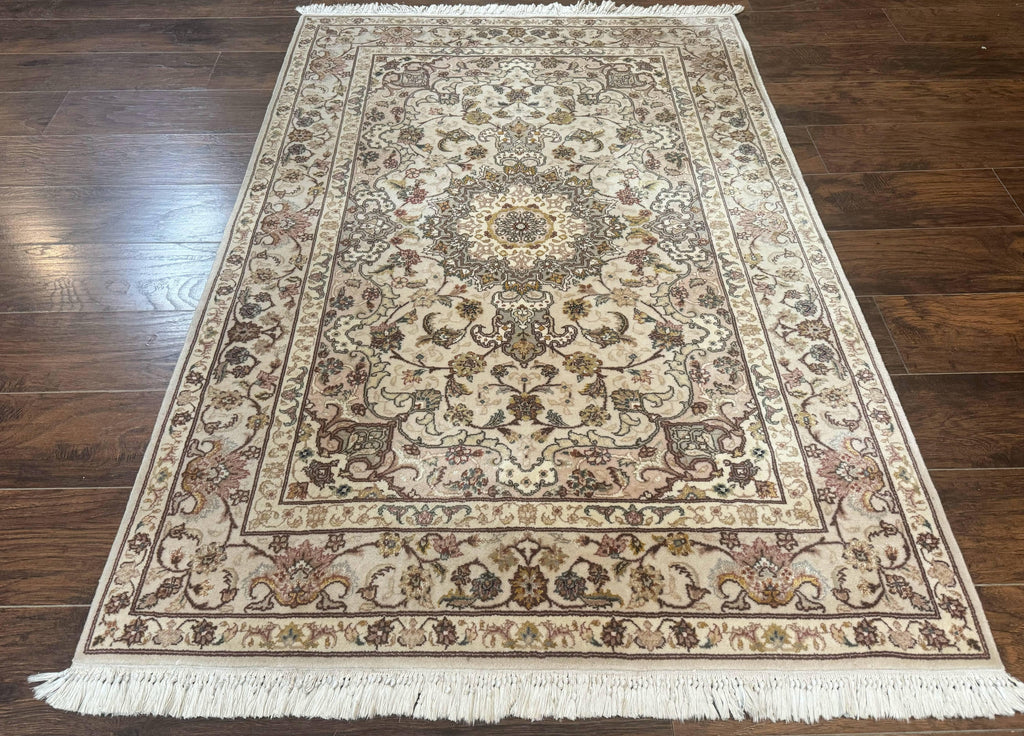 Pak Persian Rug 4x6, Floral Medallion, Beige, Wool and Silk Highlights, Vintage Handmade Rug