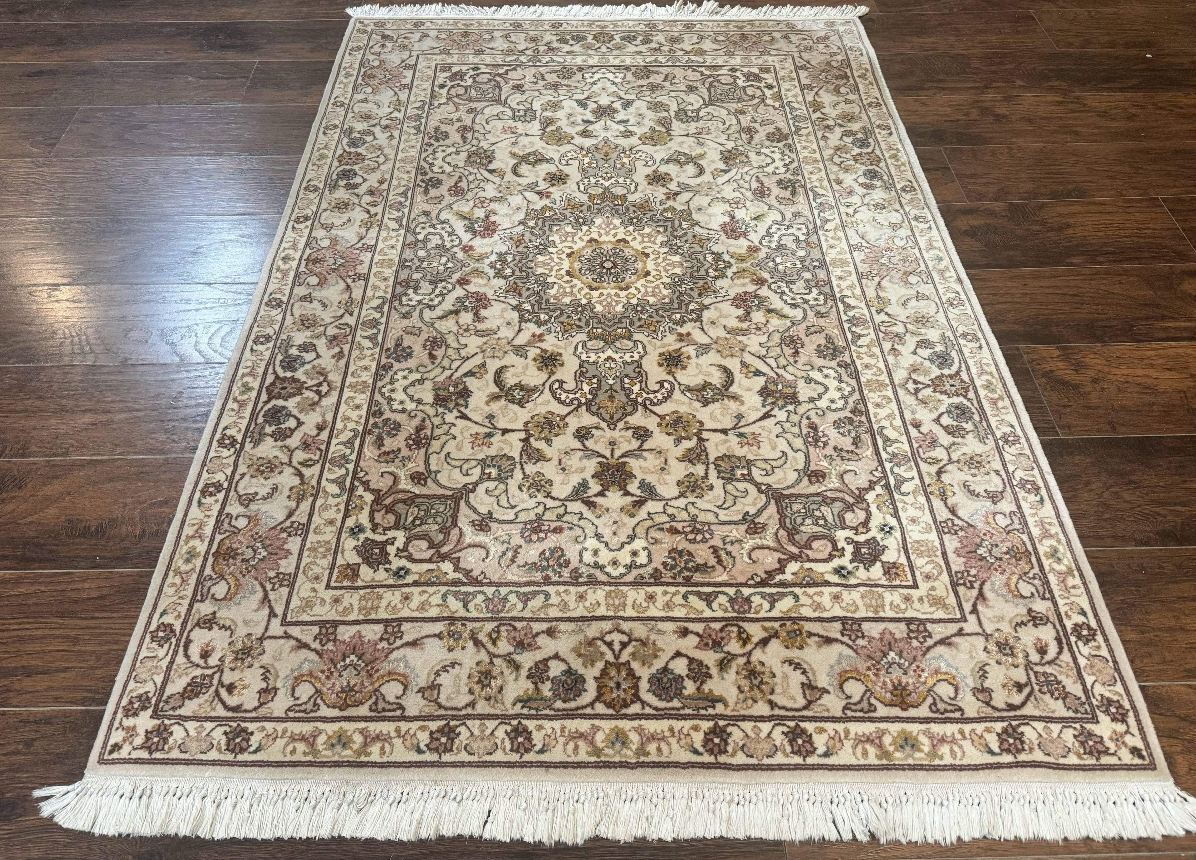 Pak Persian Rug 4x6, Floral Medallion, Beige, Wool and Silk Highlights, Vintage Handmade Rug