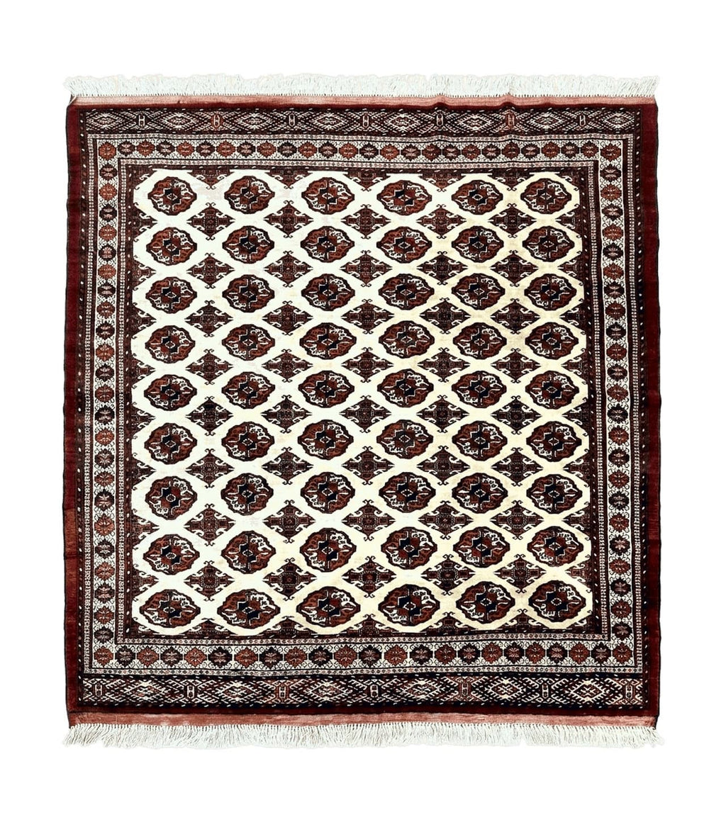Persian Turkoman Rug 7x8, Almost Square Rare, Hand Knotted, Yamud, Bohemian Rug, Handmade Tribal Rug, Cream Red, Handmade Oriental Carpet