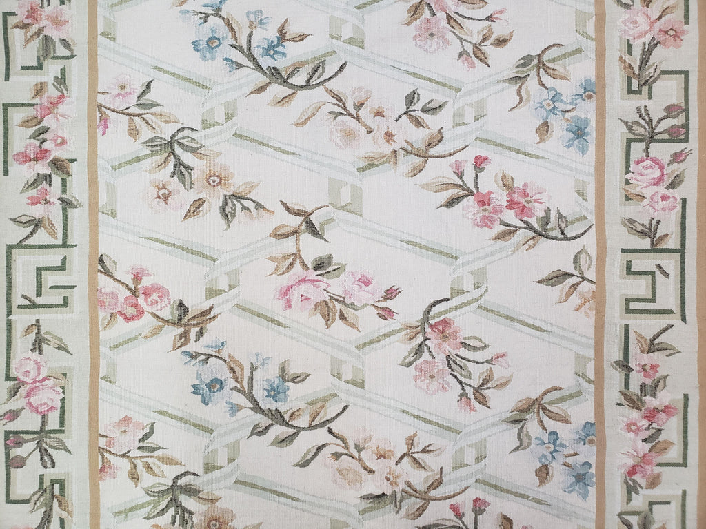 Vintage Aubusson Area Rug, Aubusson Flat weave Carpet, Floral Geometric Pattern, Beige Teal Green, 4x6 Rug, European Design