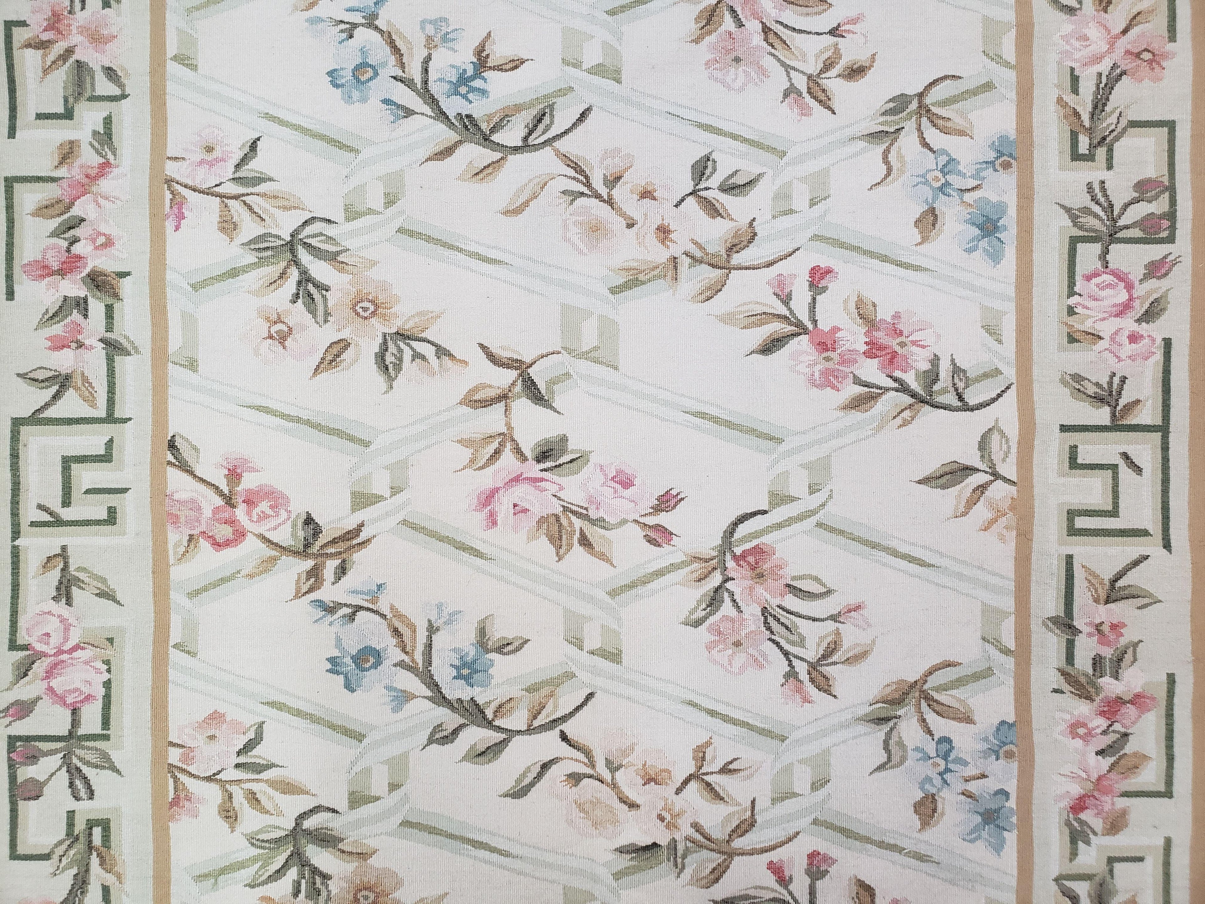 Vintage Aubusson Area Rug, Aubusson Flat weave Carpet, Floral Geometric Pattern, Beige Teal Green, 4x6 Rug, European Design