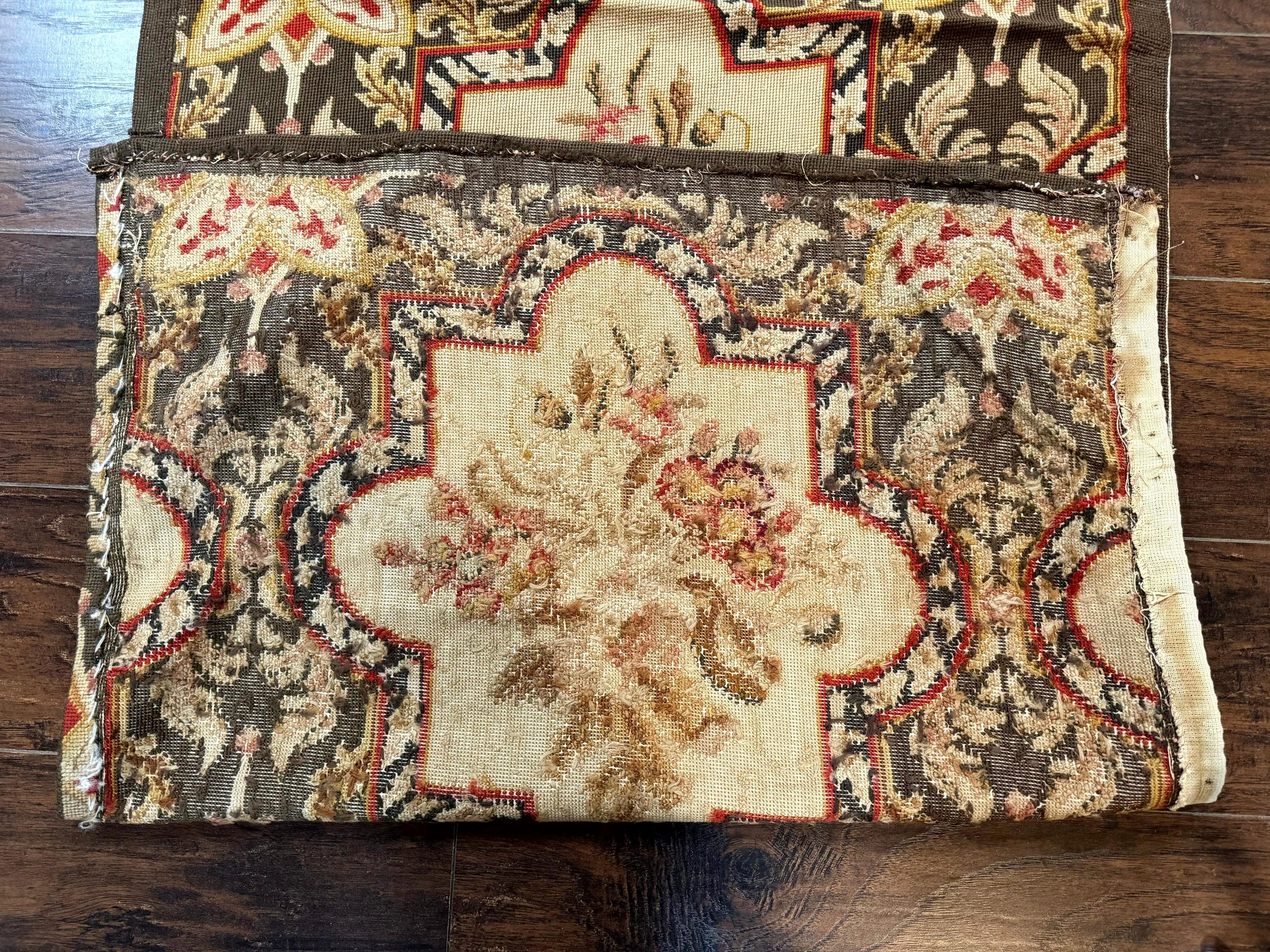Needlepoint Runner Rug 2.7 x 9.7, European French Design, Wool, Handmade, Vintage