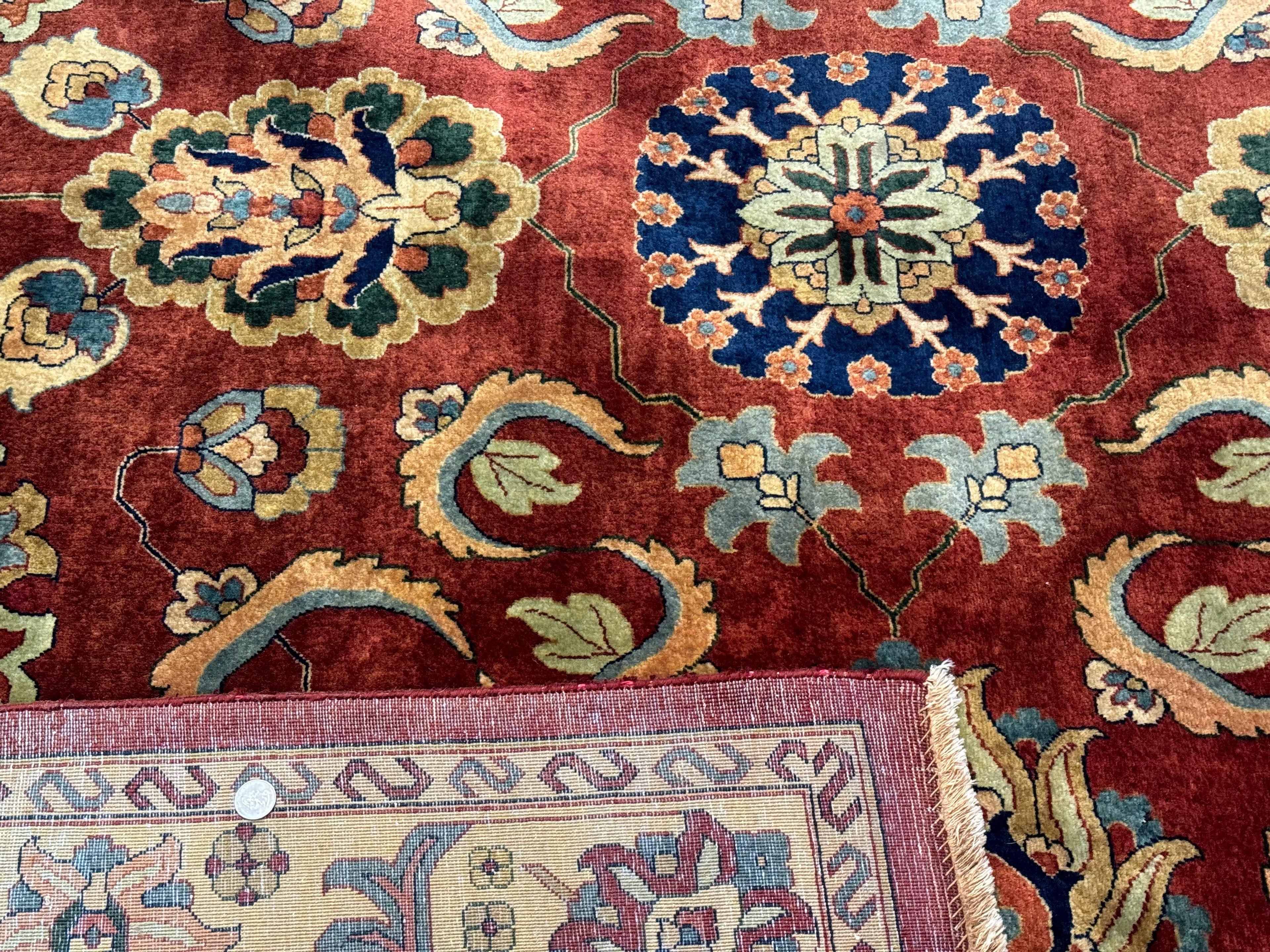 Palace Size Indo Persian Rug 12x15, Sultanabad Mahal Carpet, Red Navy Blue, Fine 210 KPSI