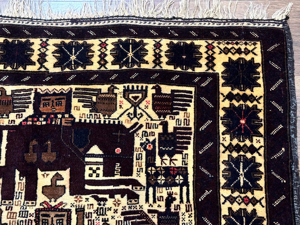 Persian Baluch Tribal Rug 4x6, Human and Bird Pictorials, Vintage, Wool, Collectible