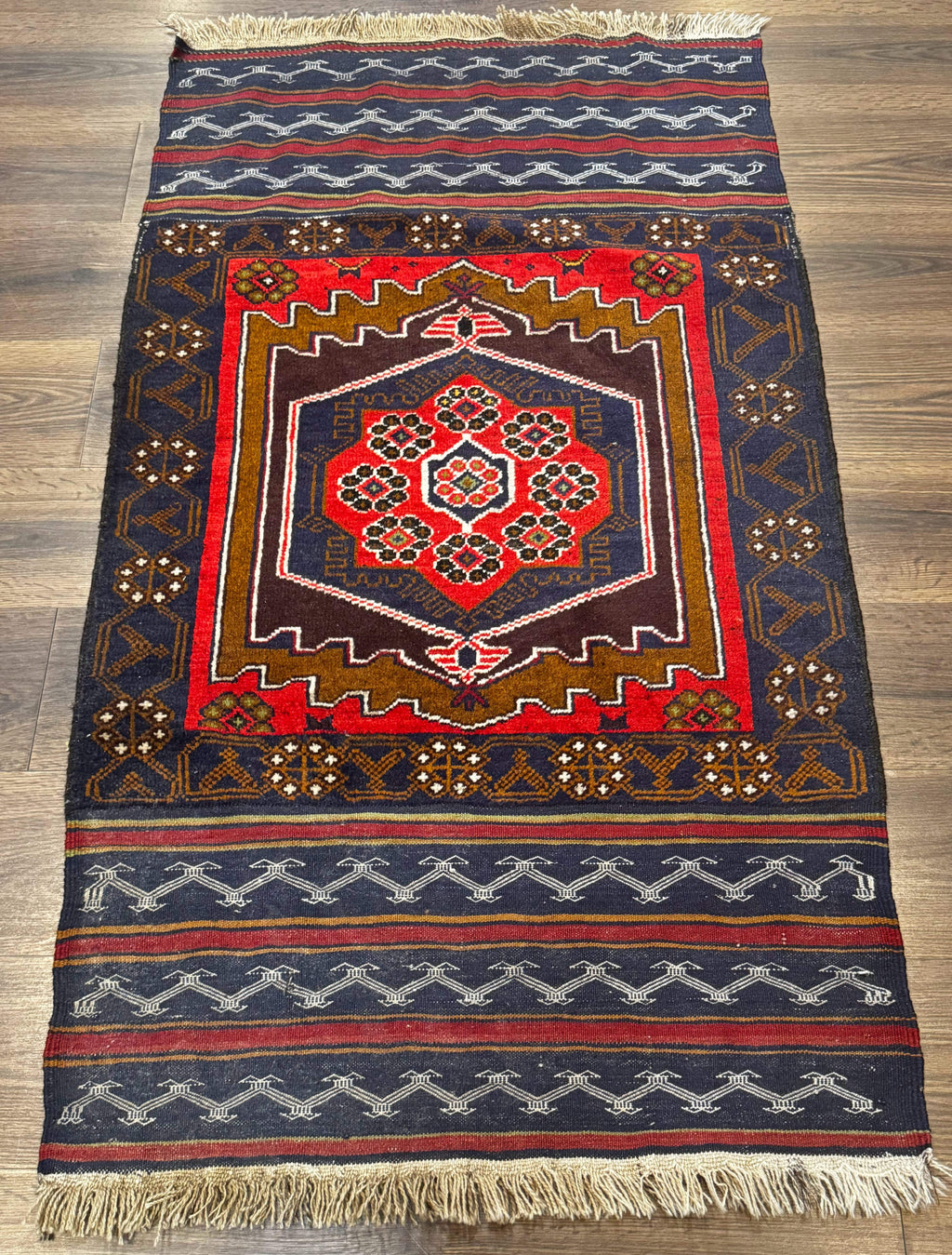 Afghan Rug 3x5, Tribal, Navy Blue, Wool, Handmade, Geometric, Rustic