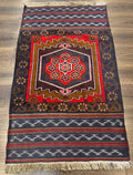 Afghan Rug 3x5, Tribal, Navy Blue, Wool, Handmade, Geometric, Rustic