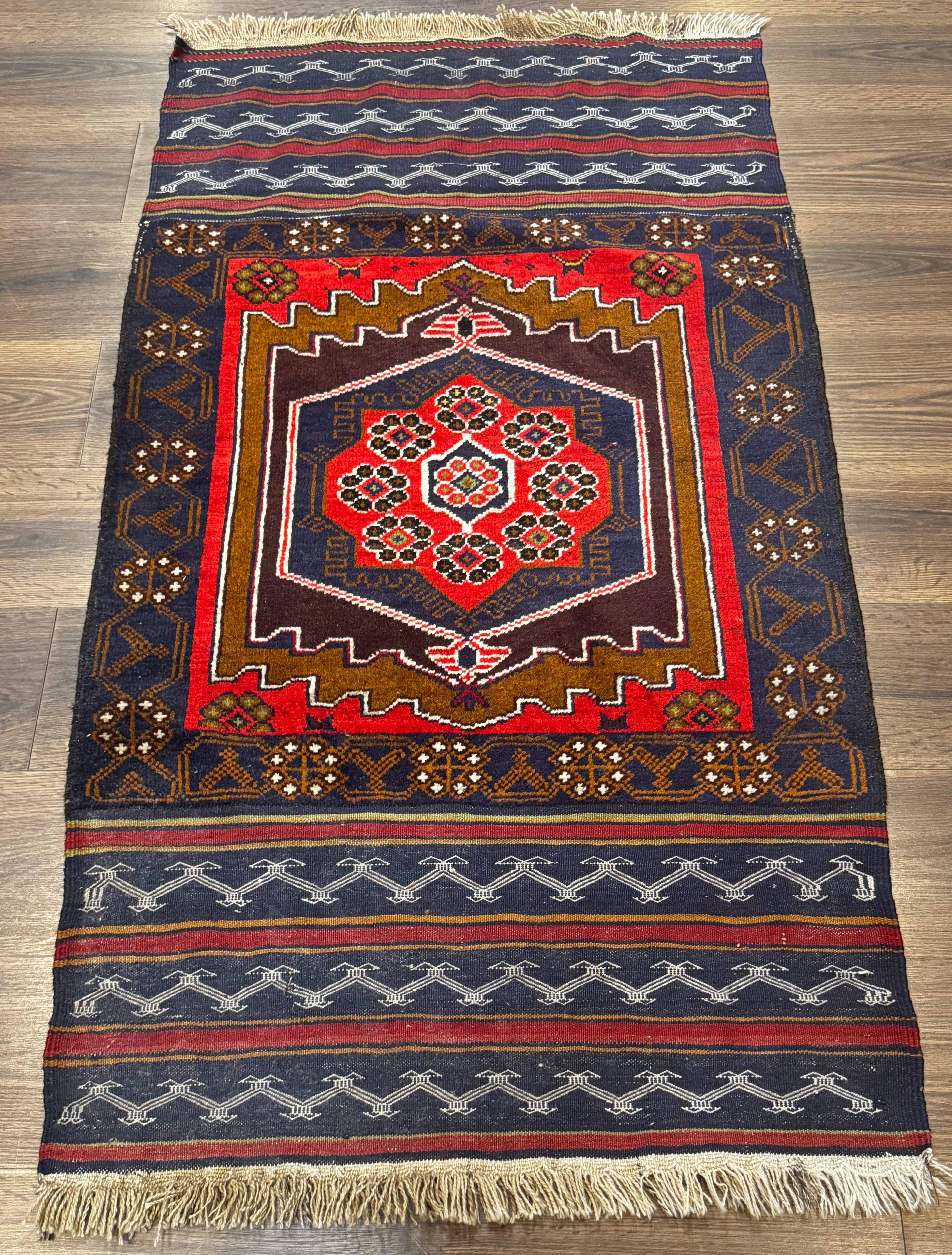 Afghan Rug 3x5, Tribal, Navy Blue, Wool, Handmade, Geometric, Rustic