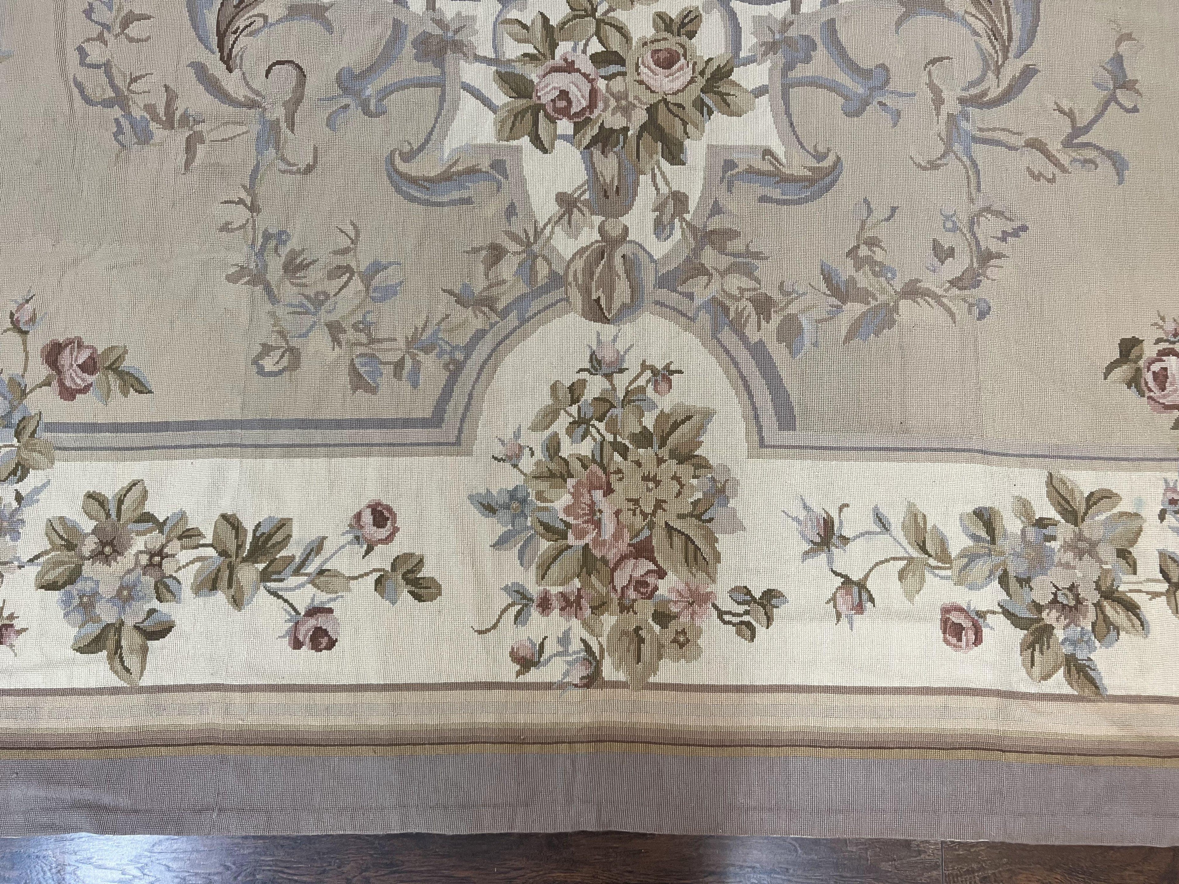 Aubusson Needlepoint Rug 9x12, VIntage Handmade Wool Beige Floral European Elegant Rug 9 x 12, Floral Roses