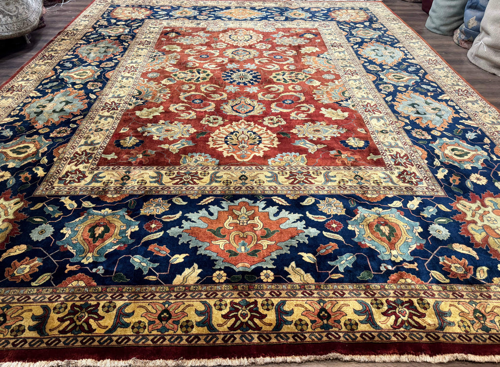 Palace Size Indo Persian Rug 12x15, Sultanabad Mahal Carpet, Red Navy Blue, Fine 210 KPSI