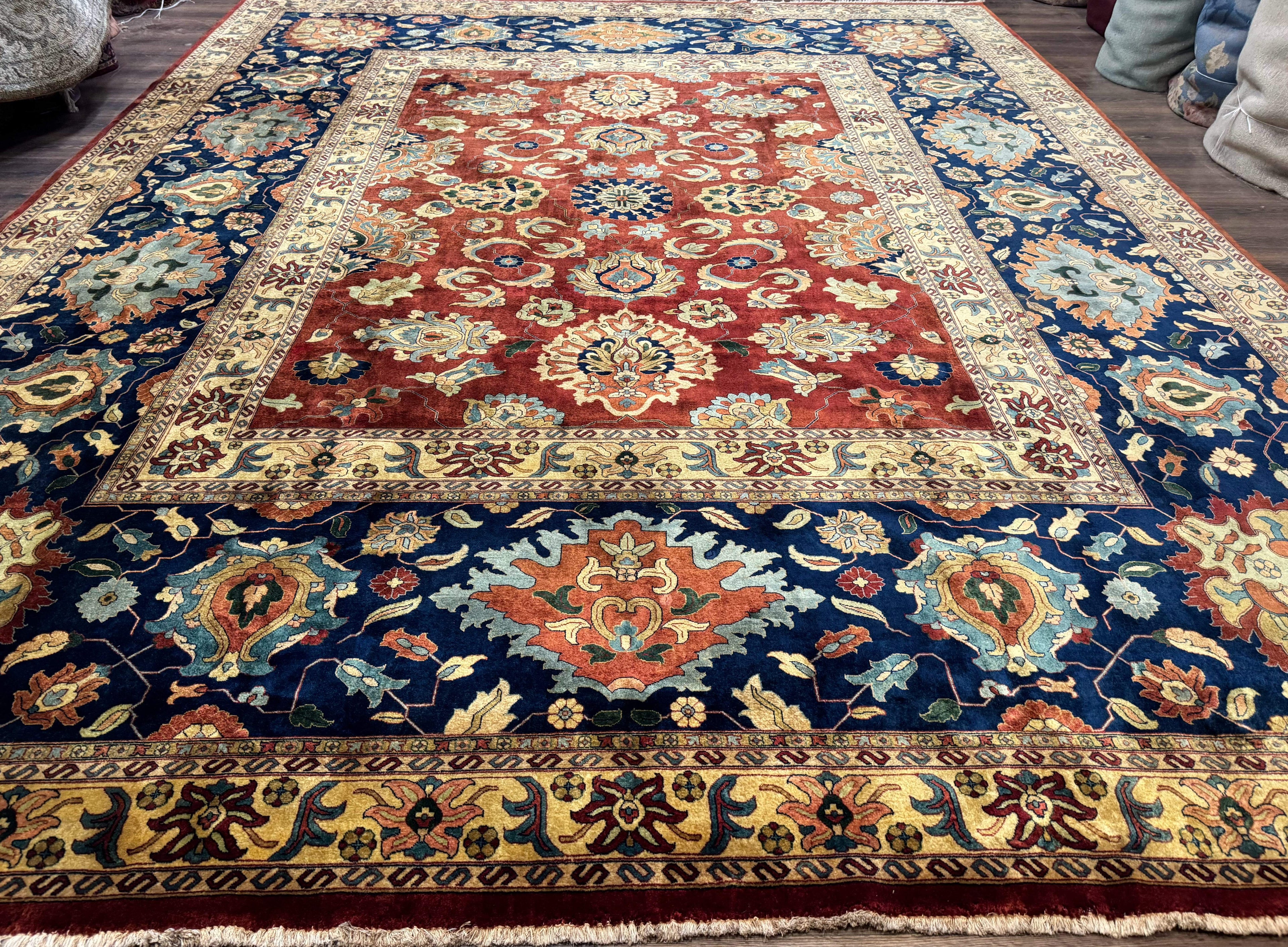 Palace Size Indo Persian Rug 12x15, Sultanabad Mahal Carpet, Red Navy Blue, Fine 210 KPSI
