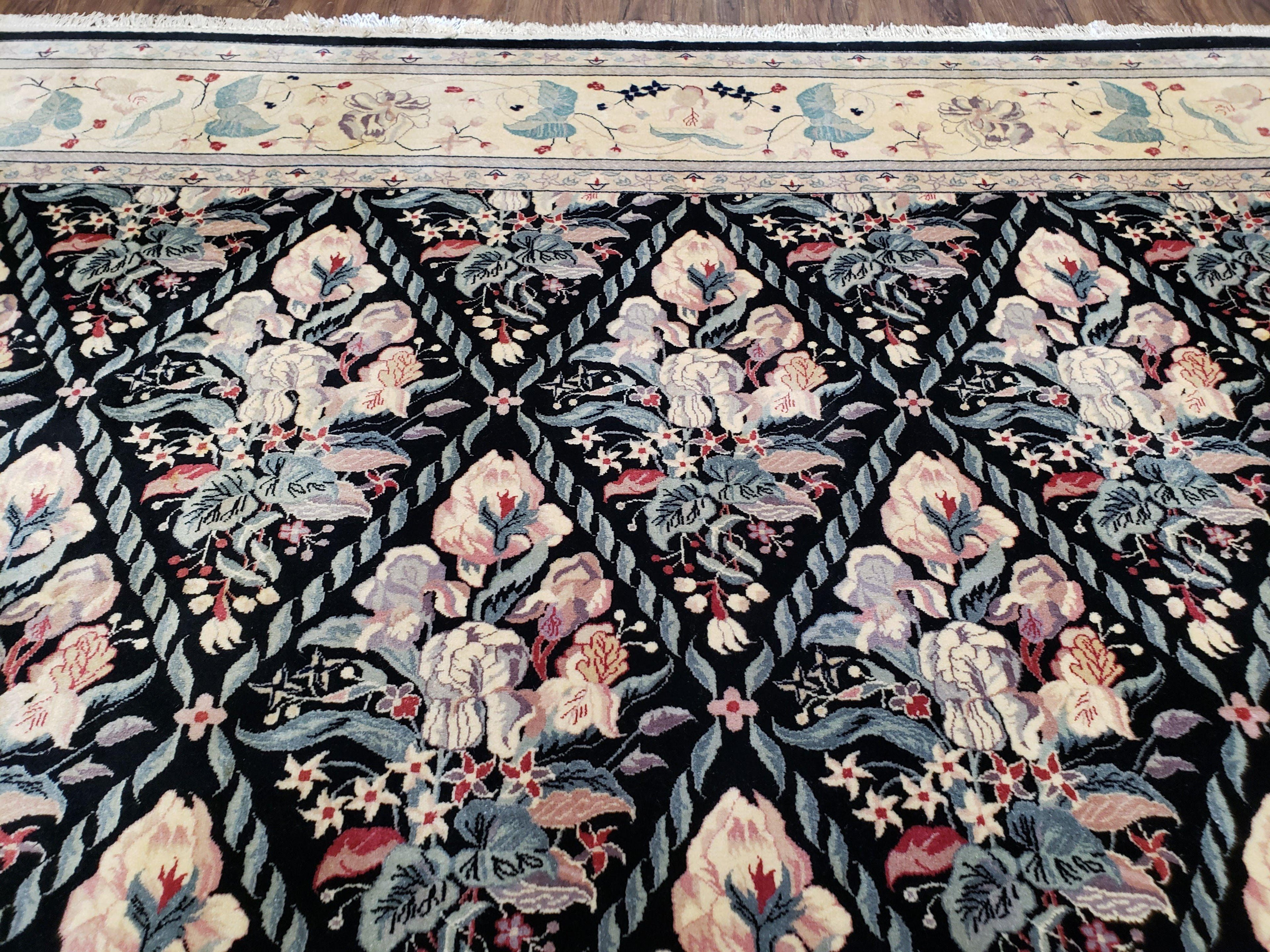 Sino-Persian Kirman Rug 9x12 Floral Handmade Wool Carpet Black & Ivory Vintage