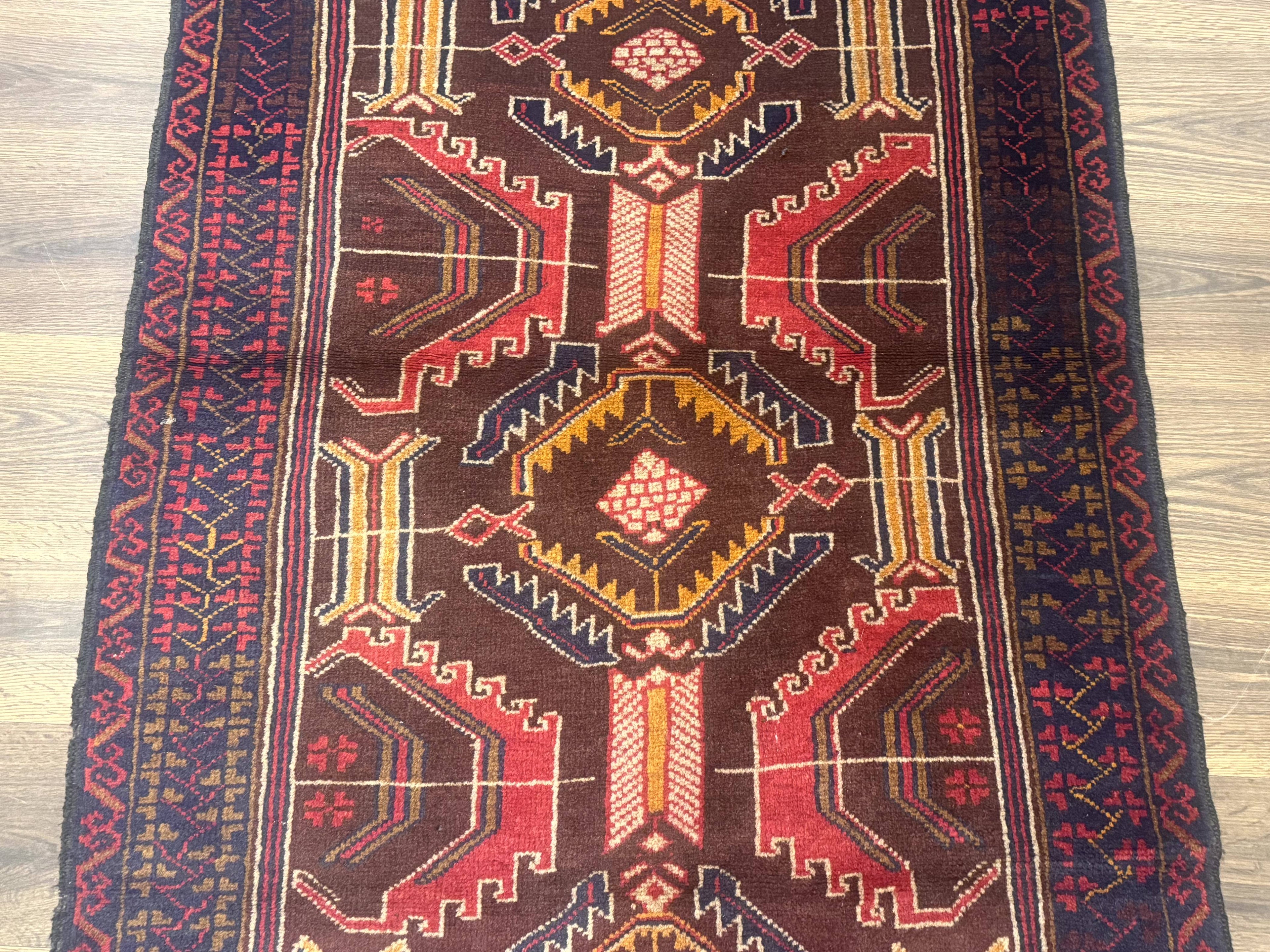 Afghan Rug 3x7, Maroon and Navy Blue, Balouch Carpet, Tribal Rug, New