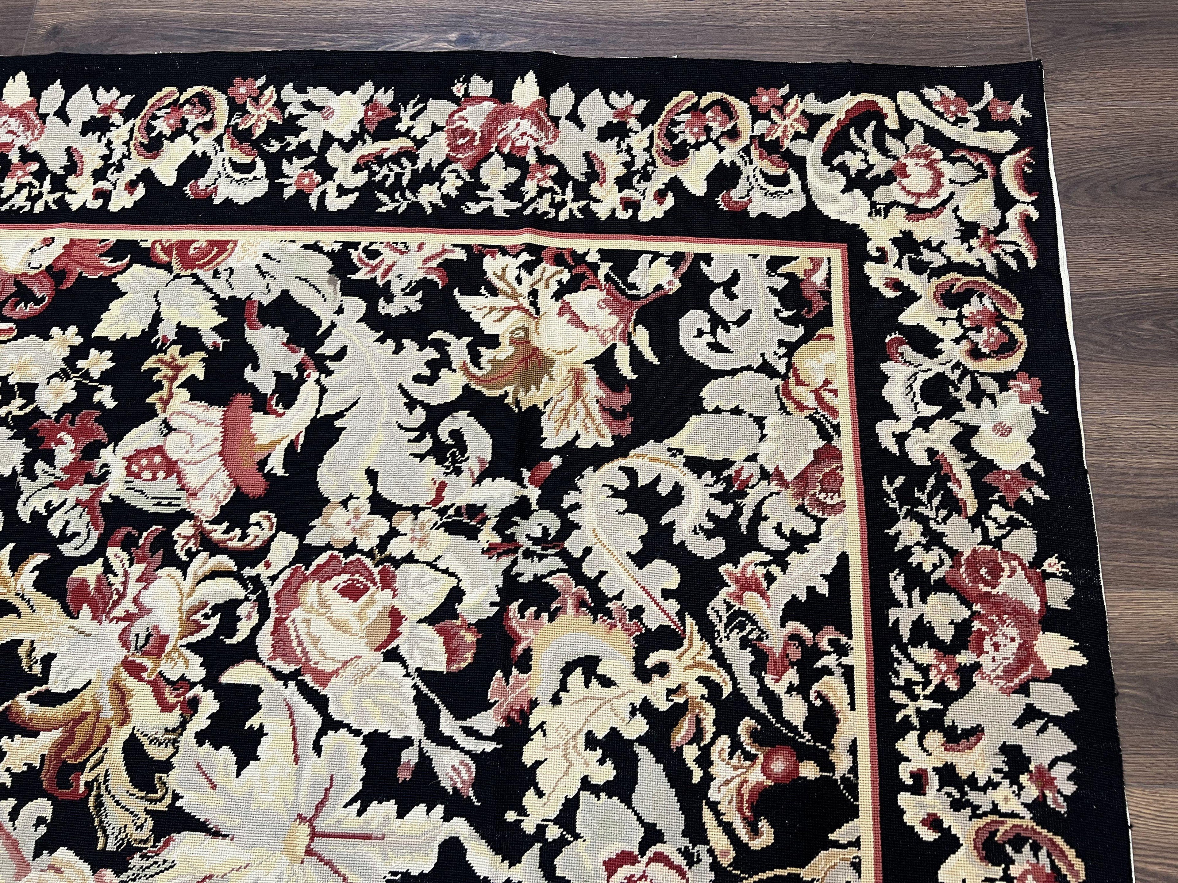 Wool Needlepoint Rug 9x12, William Morris Vintage Chinese Needlepoint Carpet 9 x 12, Handwoven, Allover Floral Area Rug, Black Light Green