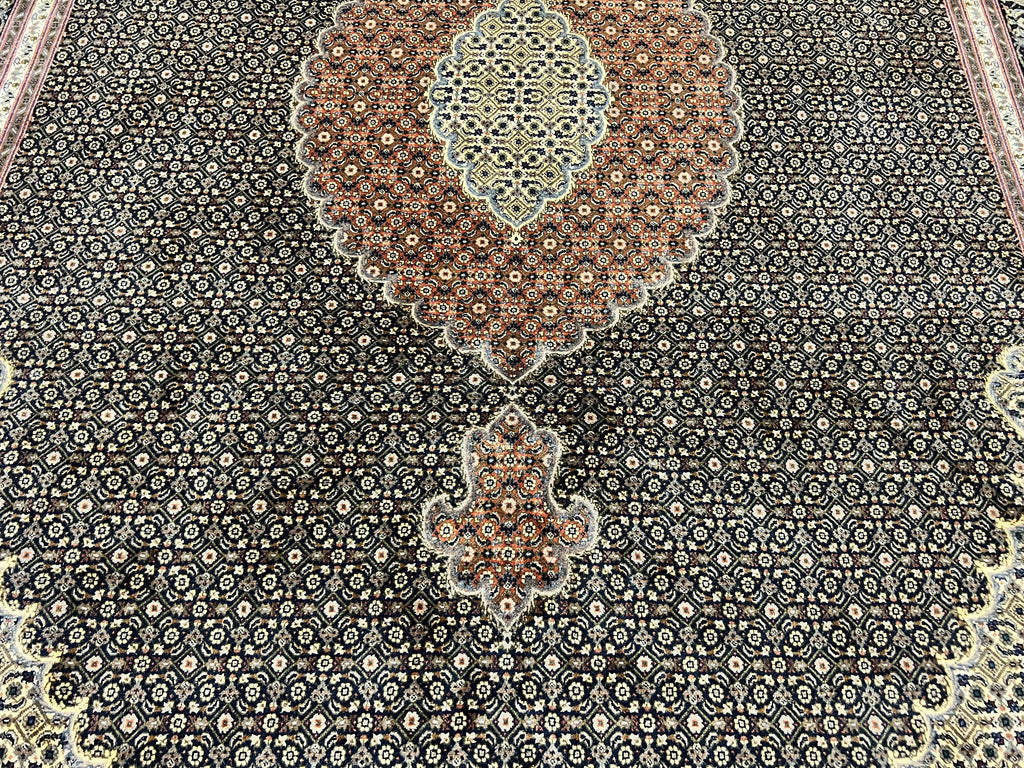Persian Tabriz Rug 7x10, Very Fine 330 KPSI 50 Raj, Black and Beige, Handmade Wool Vintage Persian Carpet