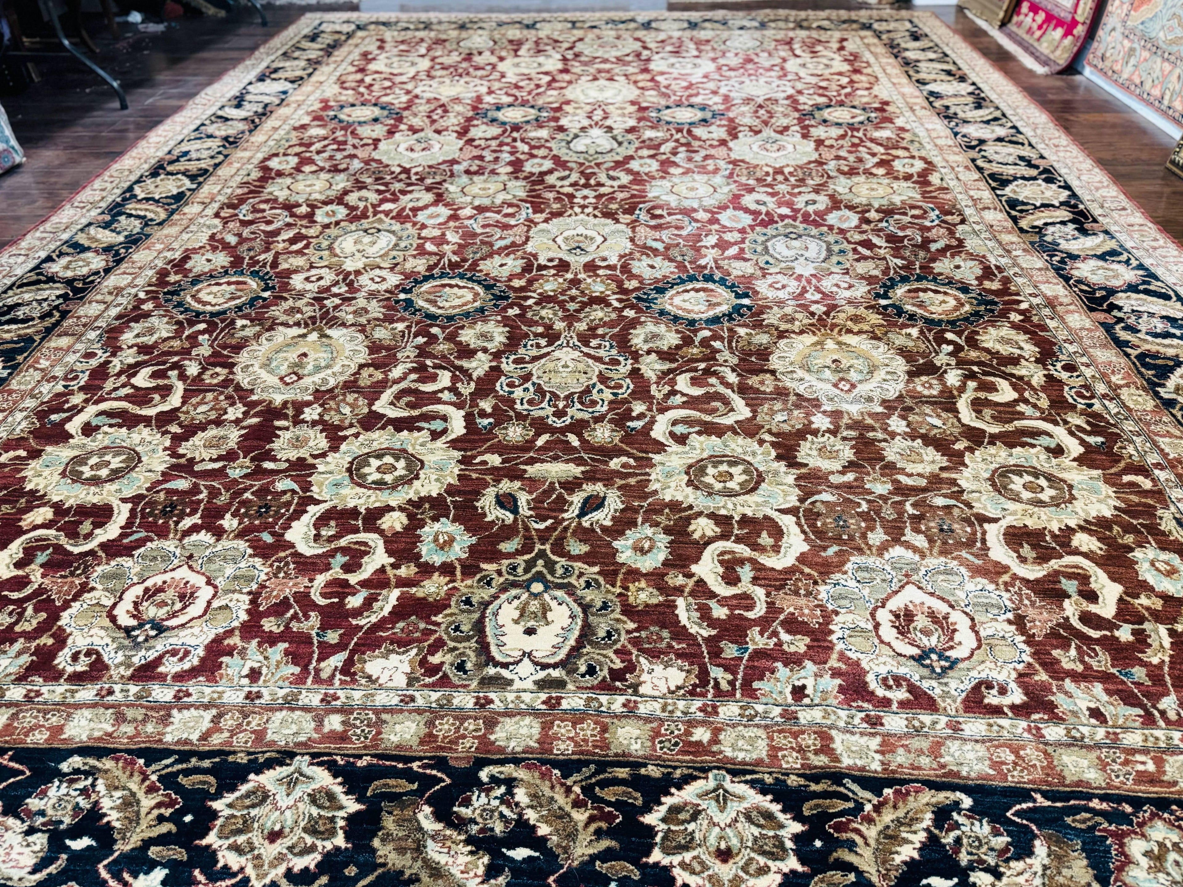 Palace Sized Indian Agra Rug 12x17, Wool Handmade Floral Allover Carpet