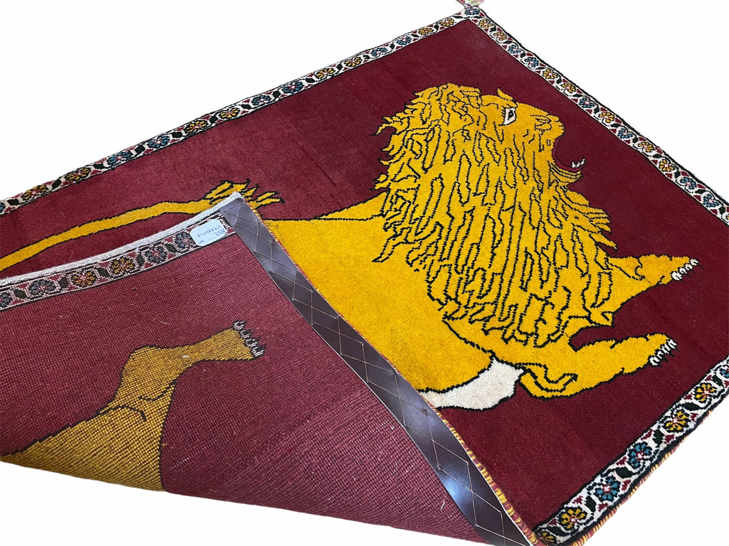 Persian Gabbeh Rug 3x4, Lion Pictorial, Red