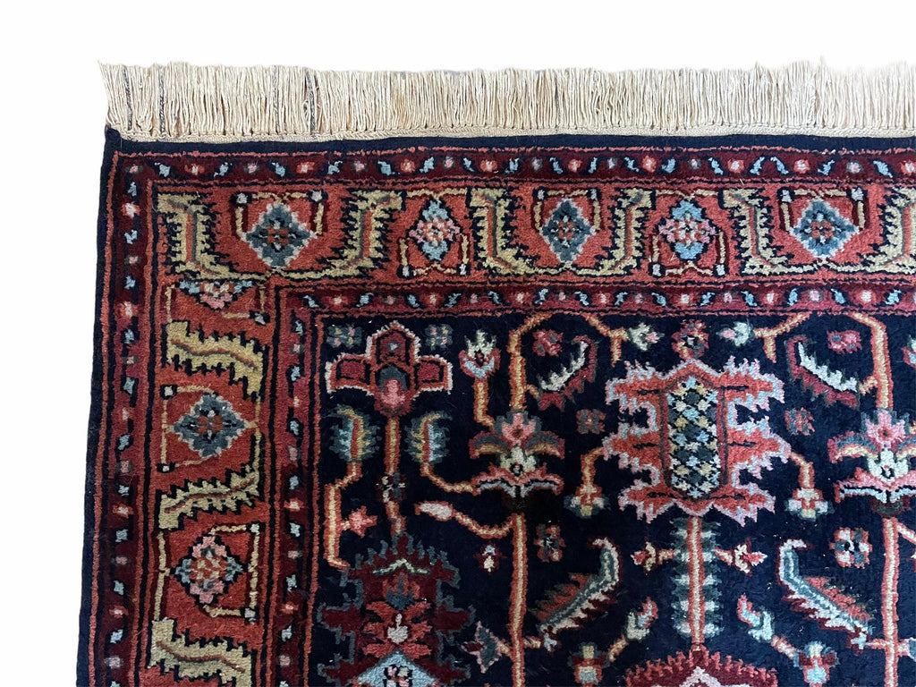 4x6 Vintage Handmade Wool Geometric Rug Organic Dyes Blue Red Hand-Knotted Rug