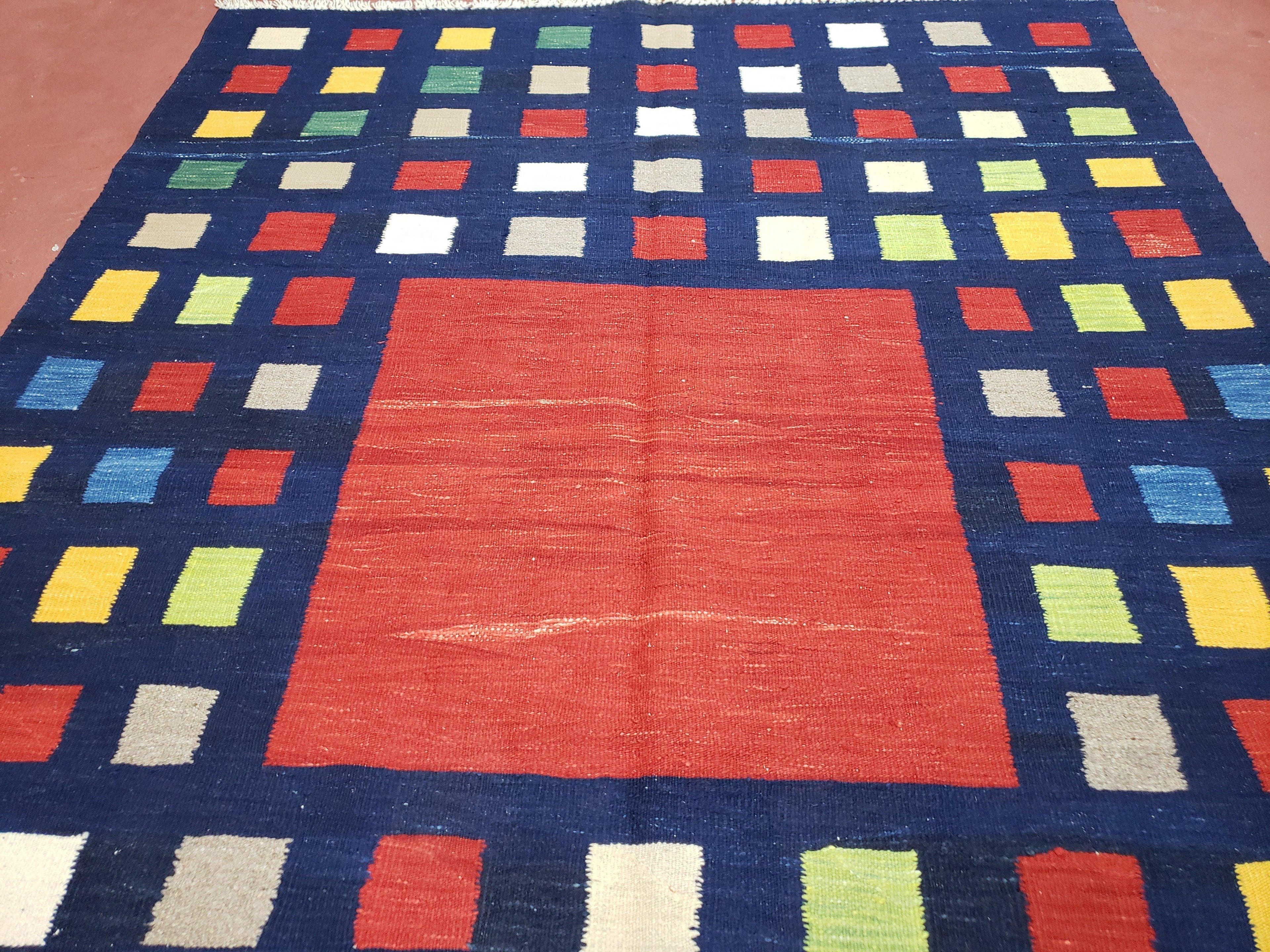 Turkish Kilim Rug 5x7 - 6x8, Checkerboard Kilim Carpet, Area Rug, New Playroom Rug, Colorful Multicolor Rug for Nursery Room, Dark Blue Red