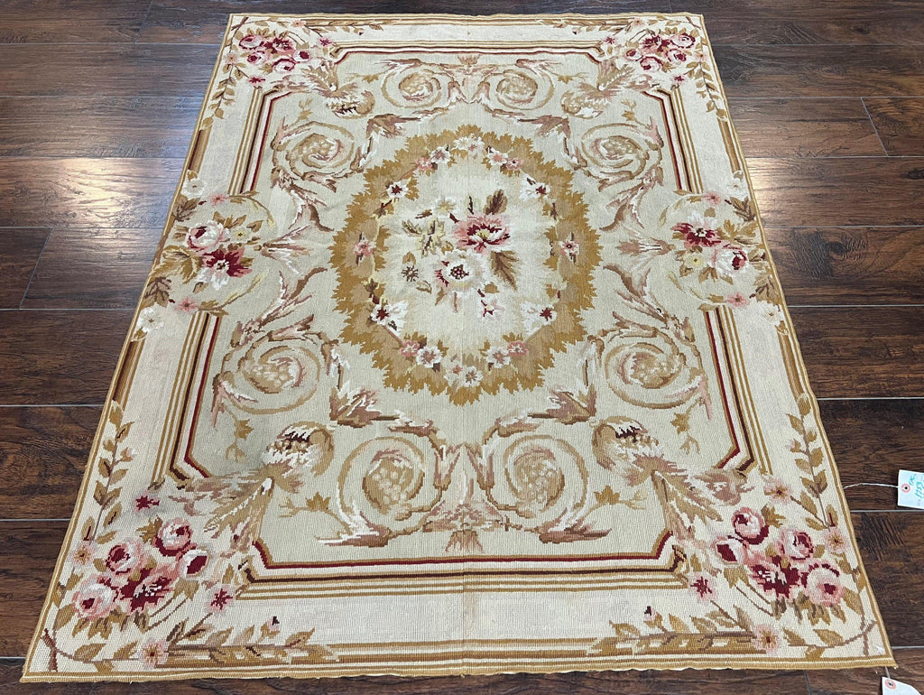 Aubusson Needlepoint Rug 4x5 ft, Beige and Tan, Aubusson Savonnerie Vintage Carpet, Handwoven Handmade Wool Rug, European Design Floral Rose