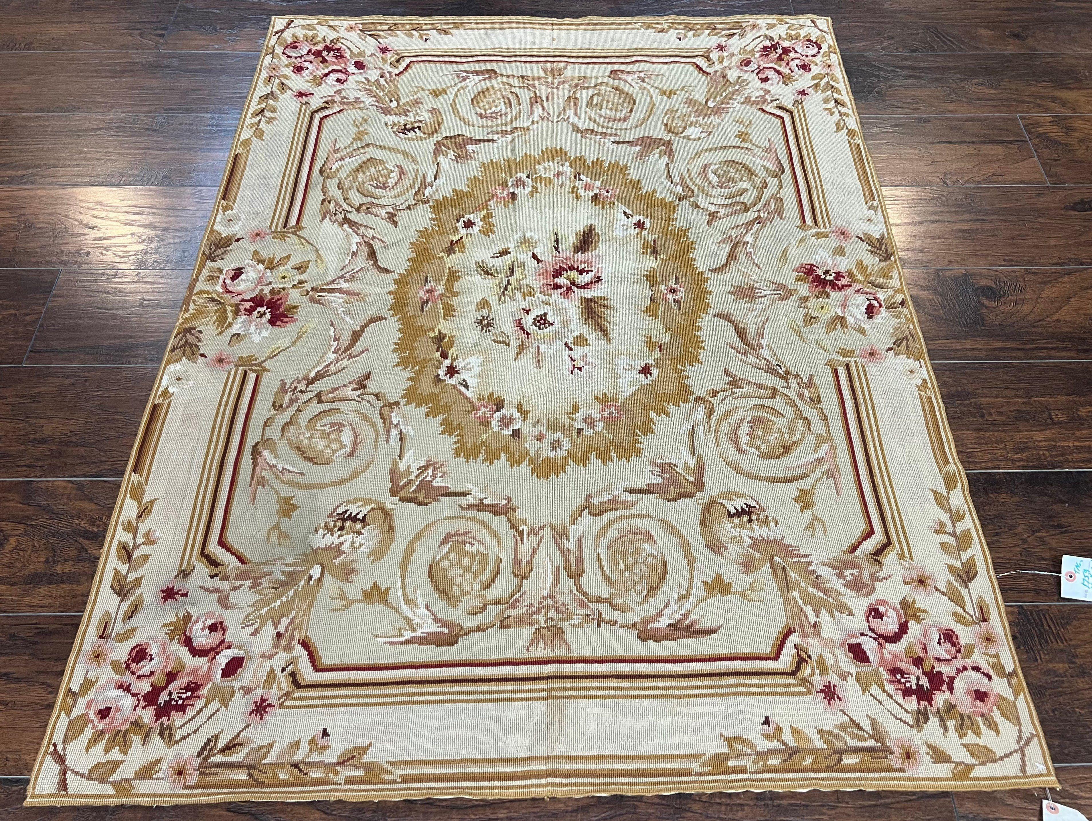 Aubusson Needlepoint Rug 4x5 ft, Beige and Tan, Aubusson Savonnerie Vintage Carpet, Handwoven Handmade Wool Rug, European Design Floral Rose
