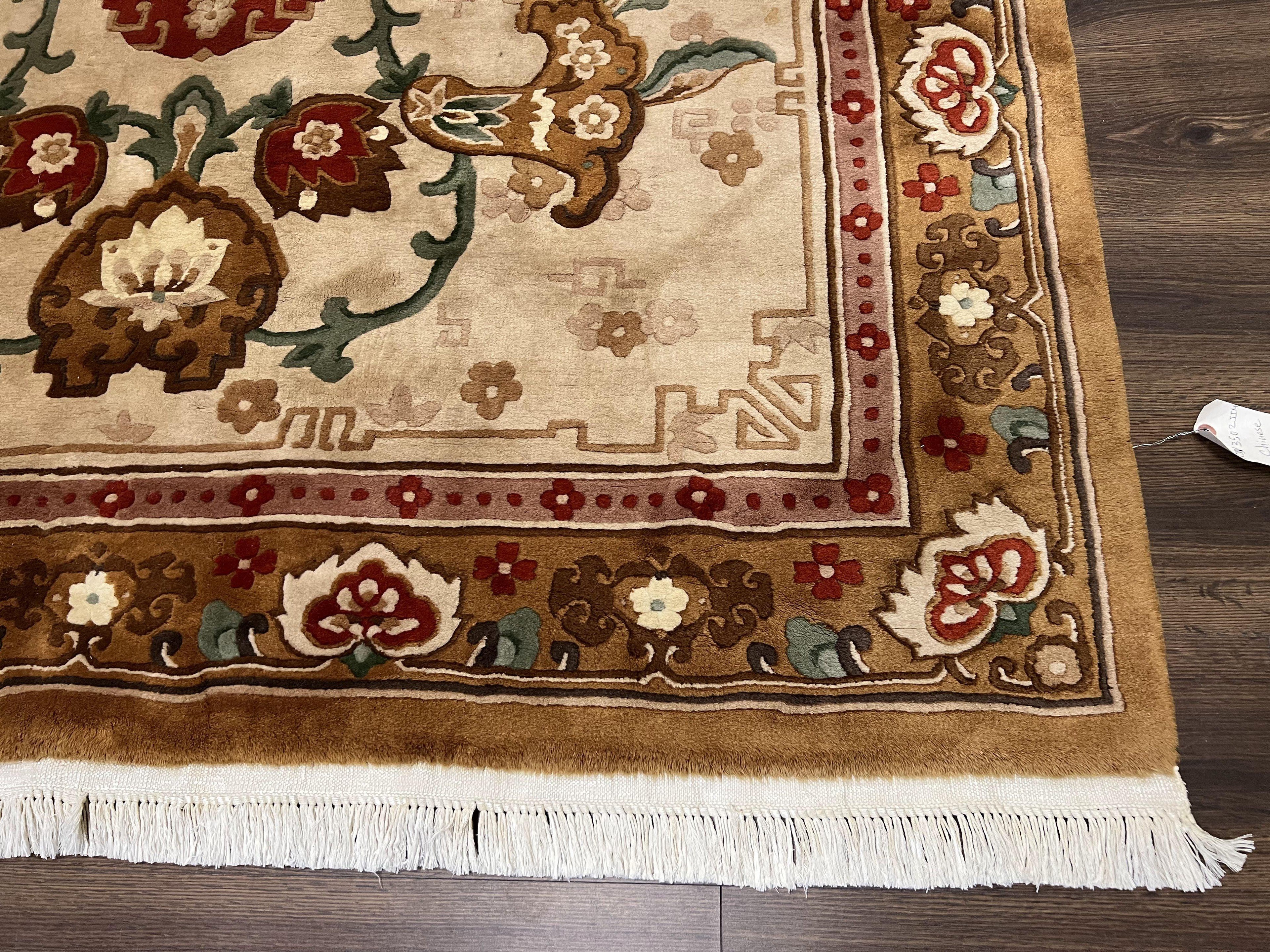 Chinese Wool Rug 5.9 x 9, Tan and Brown Asian Art Deco Carpet, Vintage 1960s Oriental Rug, Hand-Knotted Rug, Soft Wool, Medallion, Pair B