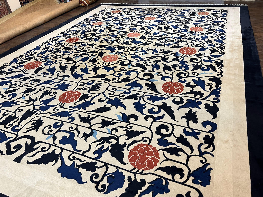 Antique Chinese Peking Rug 10x14, Beige Black, Handmade Wool Art Deco Carpet