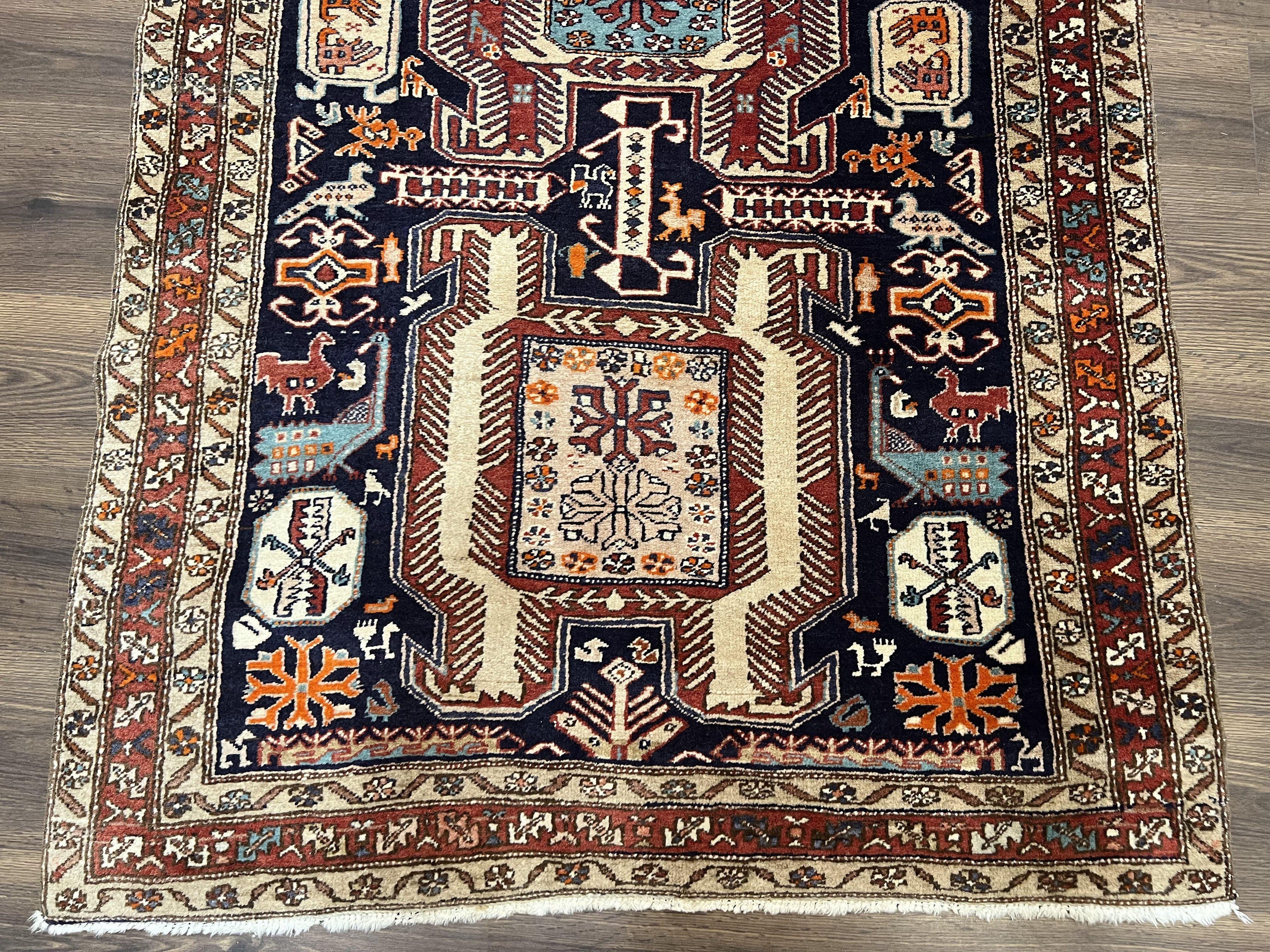 Persian Ardabil Wide Runner Rug 4x10 - Geometric Medallions & Animal Pictorials