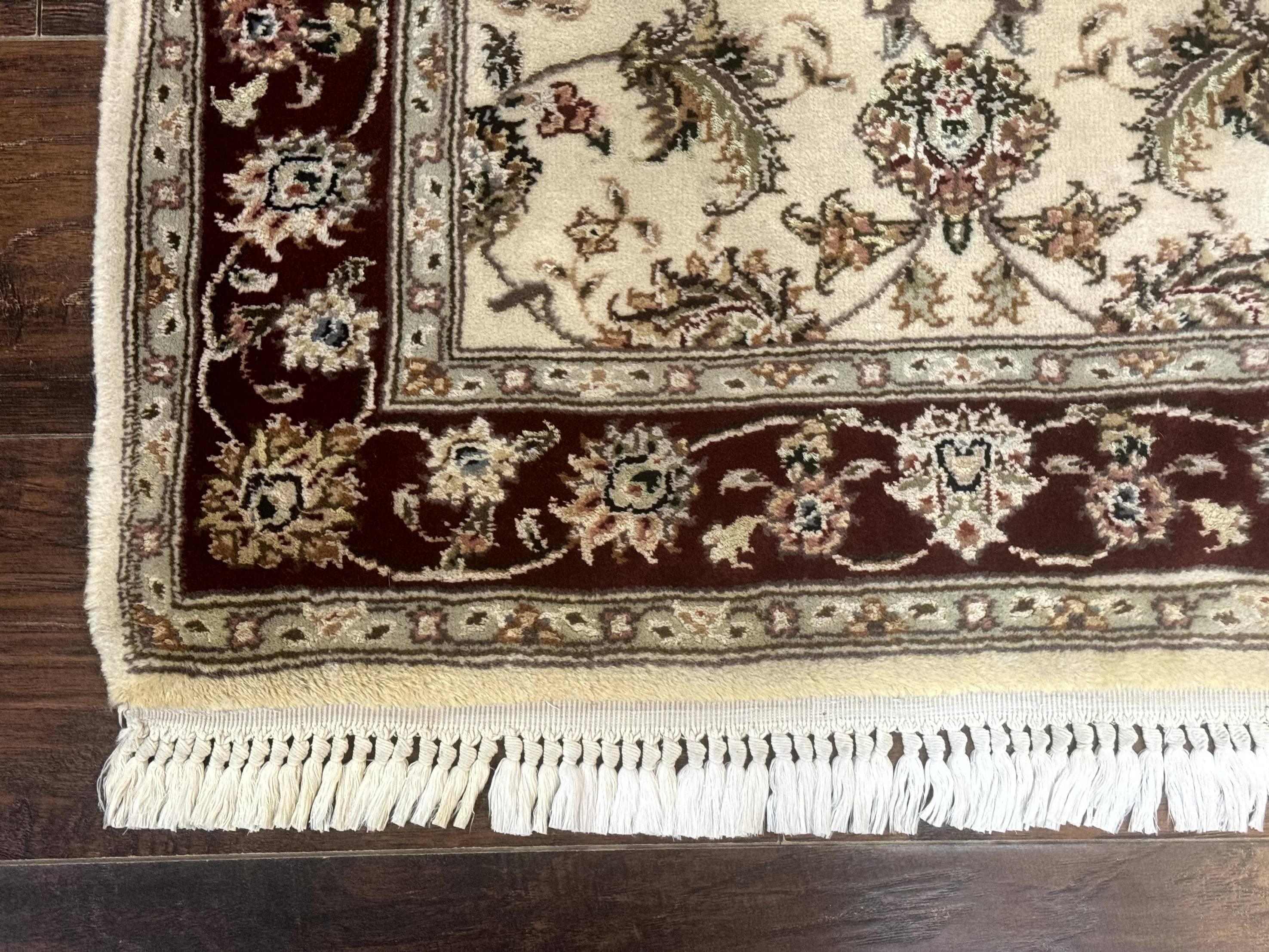 Pak Persian Runner Rug 2.8 x 8, Handmade Vintage Carpet, Beige and Maroon, Wool and Silk Highlights