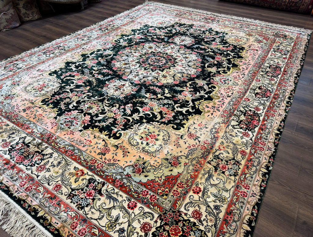 Silk Indian Kashmiri Rug 9x12, Vintage Hand Knotted Carpet