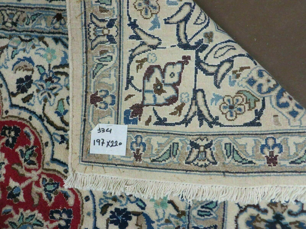 Square Persian Nain Rug 6'3" x 6' 8", Hand-Knotted, Wool with Silk Accents, Ivory Red Blue