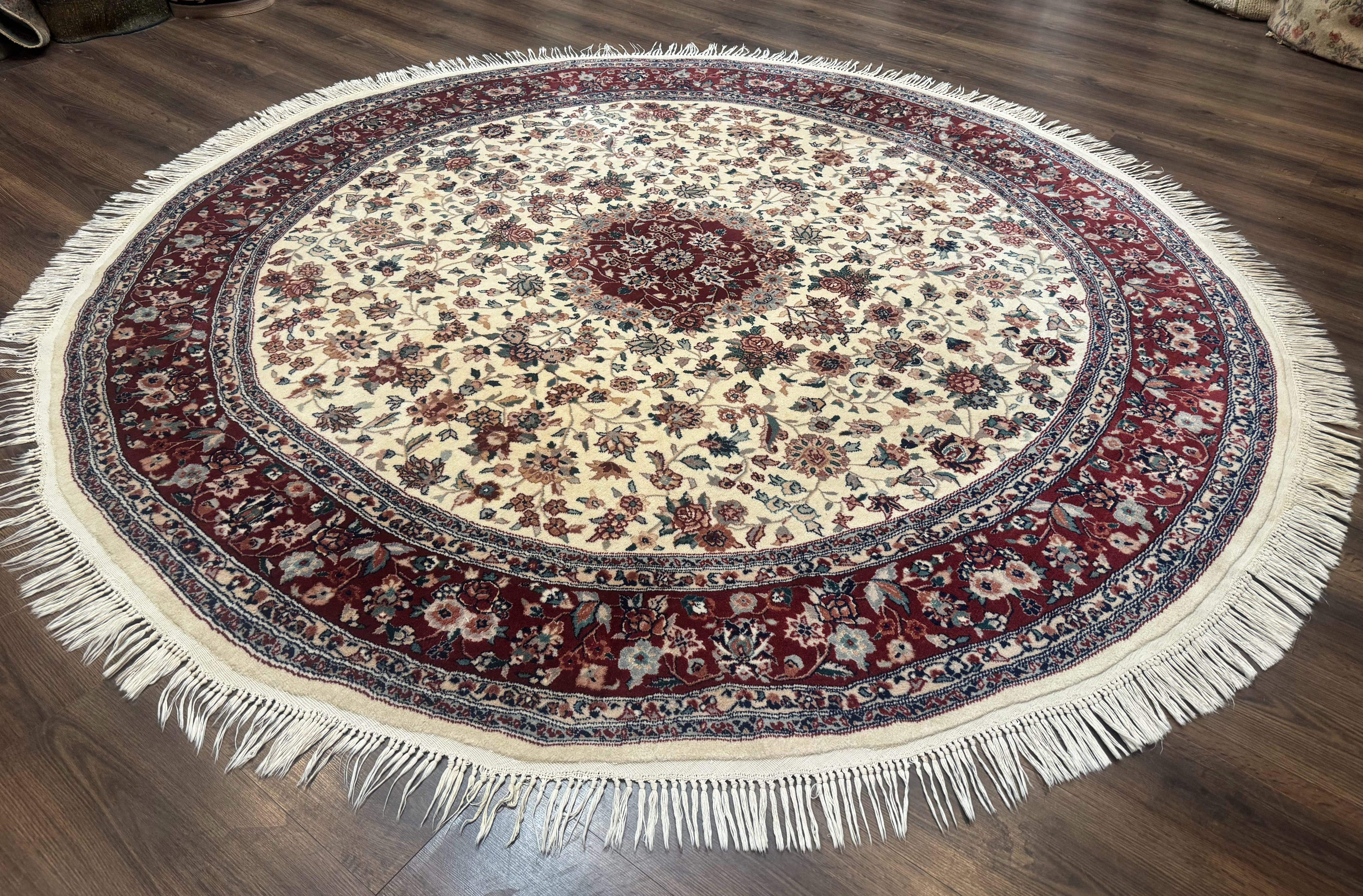 Round Sino Persian Rug 8x8, Wool and Silk, Floral Medallion, Ivory Dark Red