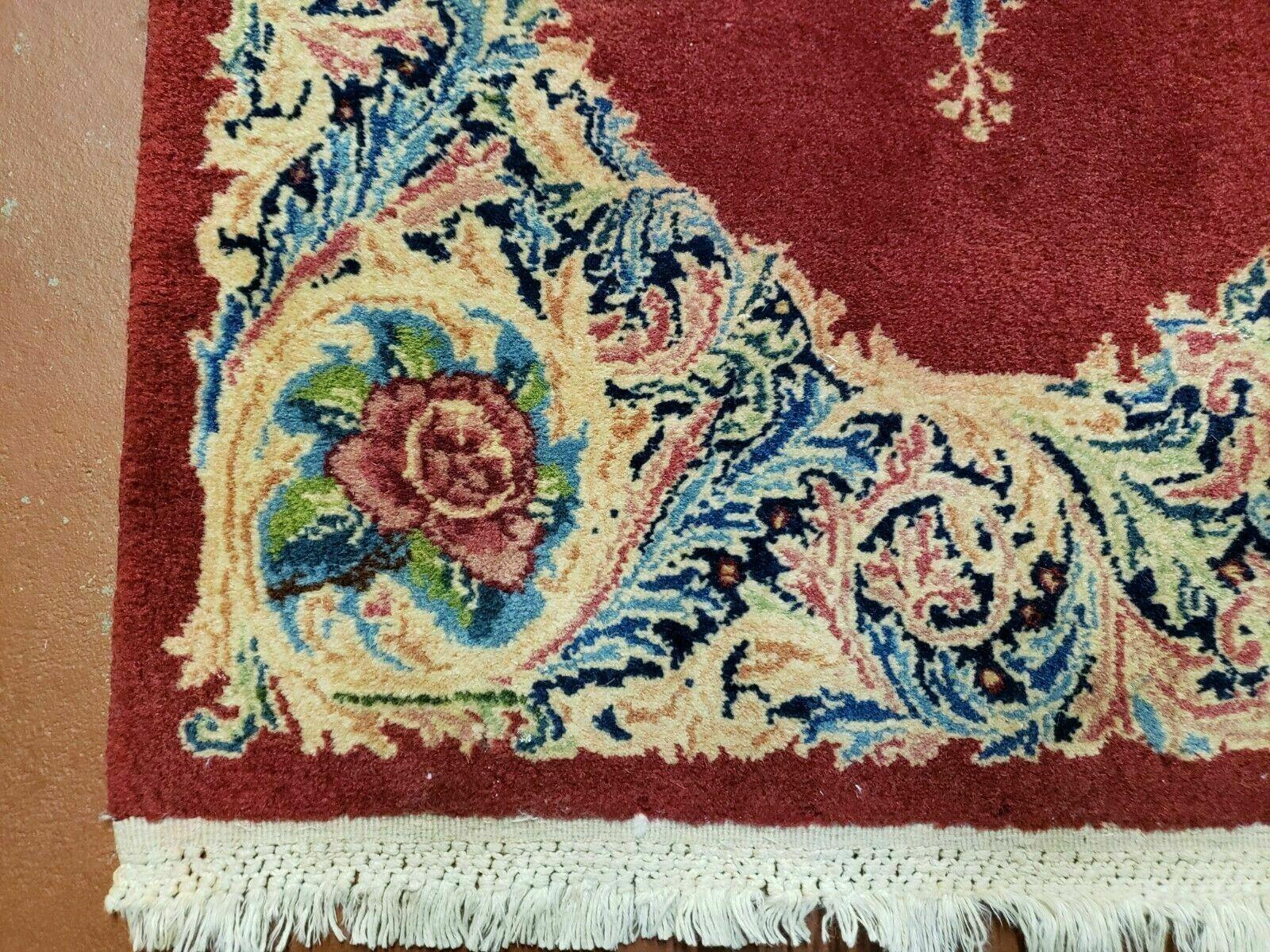 Small Persian Kirman Rug 2x4, Wool Oriental Vintage Handmade Carpet, Hand Knotted Floral Medallion, Red & Beige, Semi Open Field