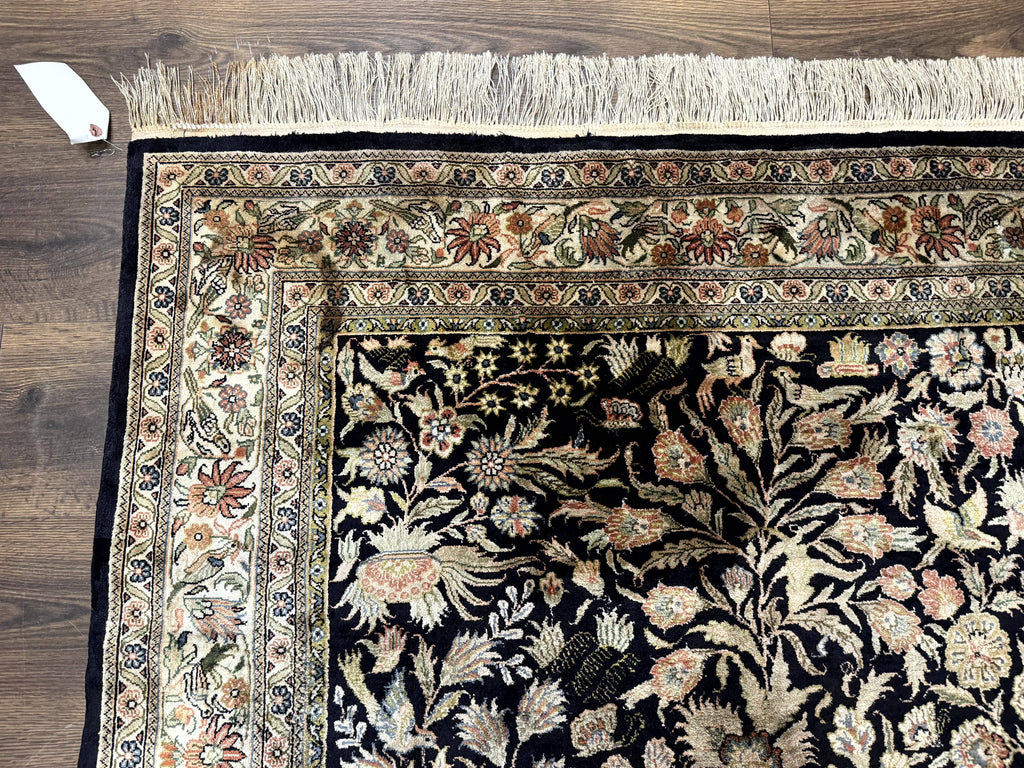 Silk Rug 4x6, Black and Cream, Floral & Bird Pictorials, Fine 330 KPSI, Sino Persian Rug