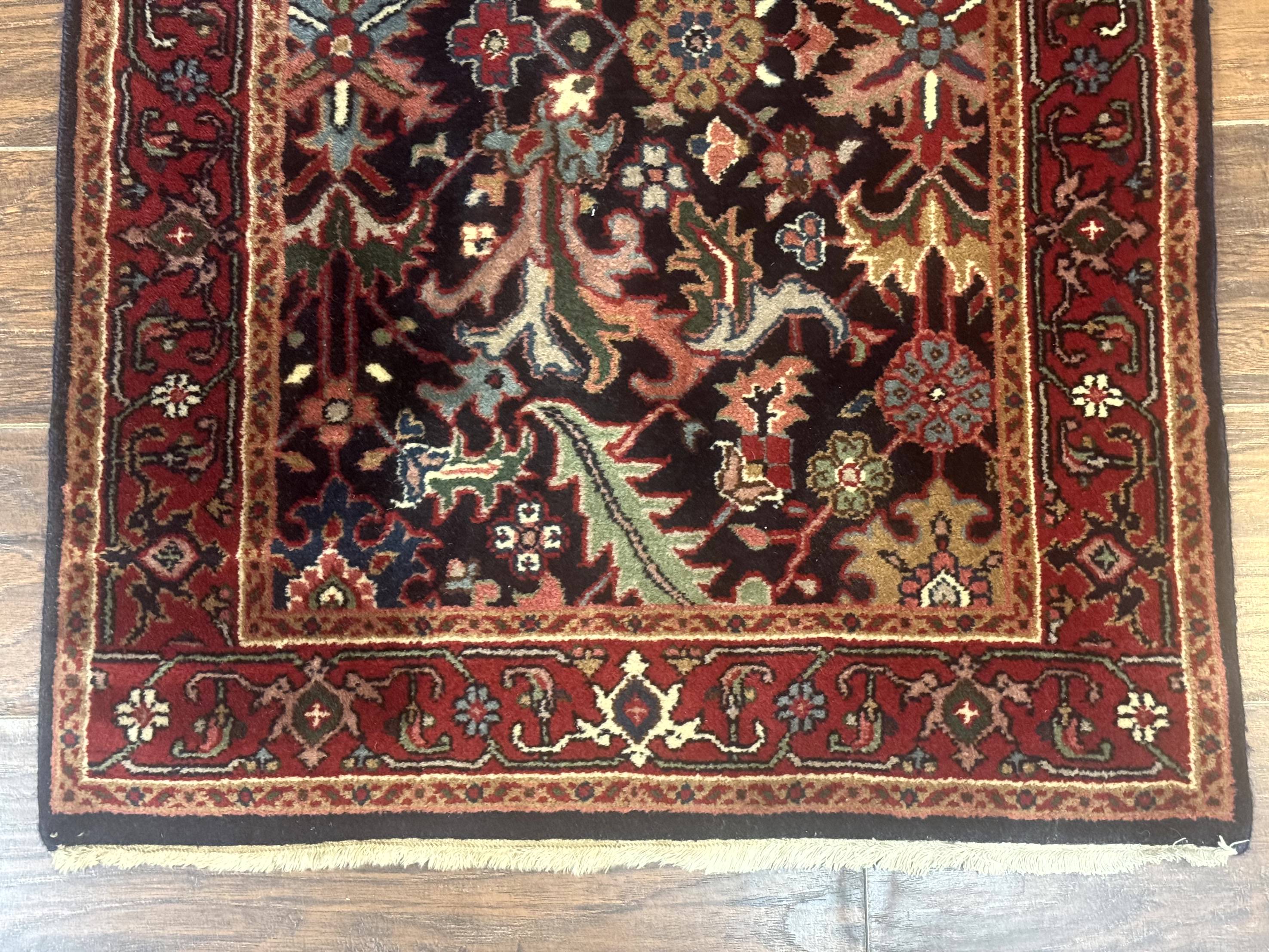 Indo Persian Runner Rug 2.7 x 13, Navy Blue and Red, Allover Floral, Wool, 13ft Runner