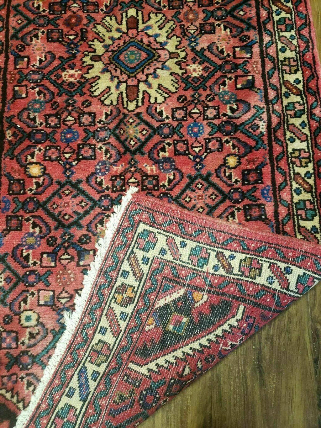 Persian Hamadan Runner Rug 2.8 x 14, Red, Vintage Handmade Wool Runner Rug