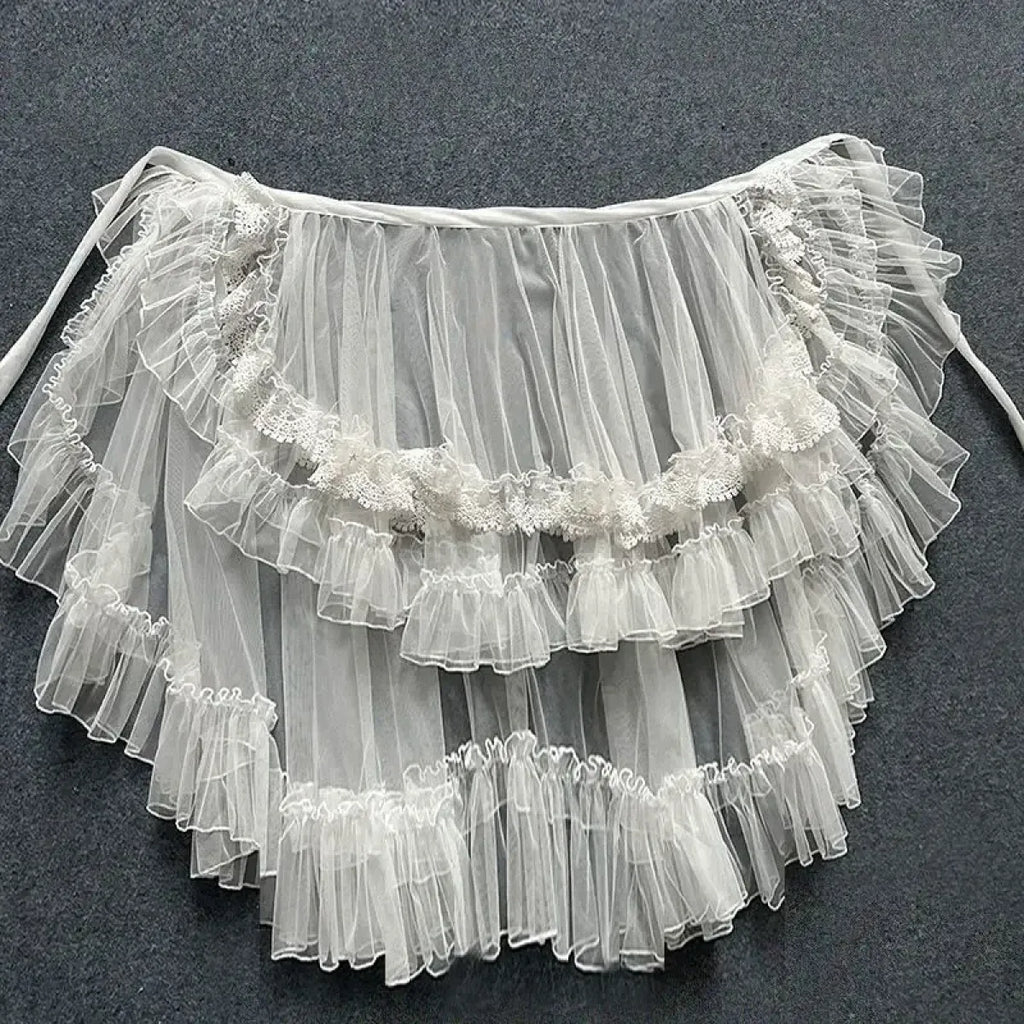 Double-Layered Waist Curtain Skirt - Asymmetrical Ruffle High-Low Cover-Up