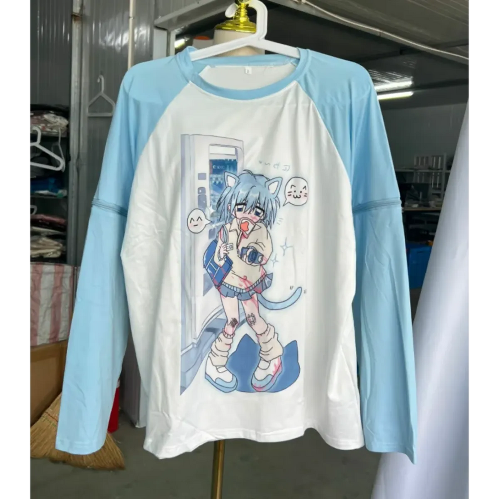 Dreamy Detachable Sleeve Tee – Kawaii Cat & Anime Harajuku Style Top