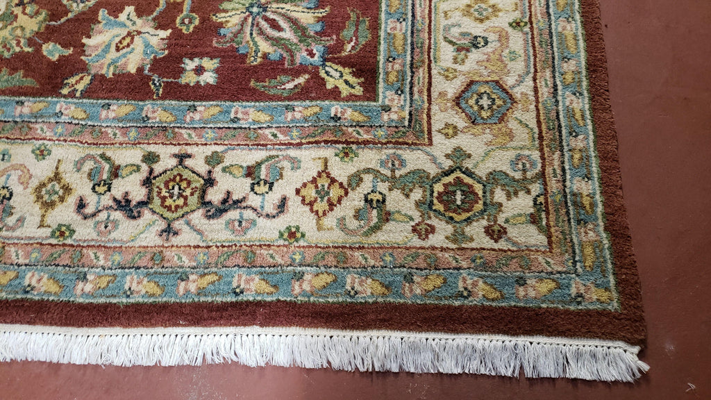 8x12 Indo-Mahal Rug, Floral Allover, Red & Beige, Wool Vintage Handmade Traditional Carpet