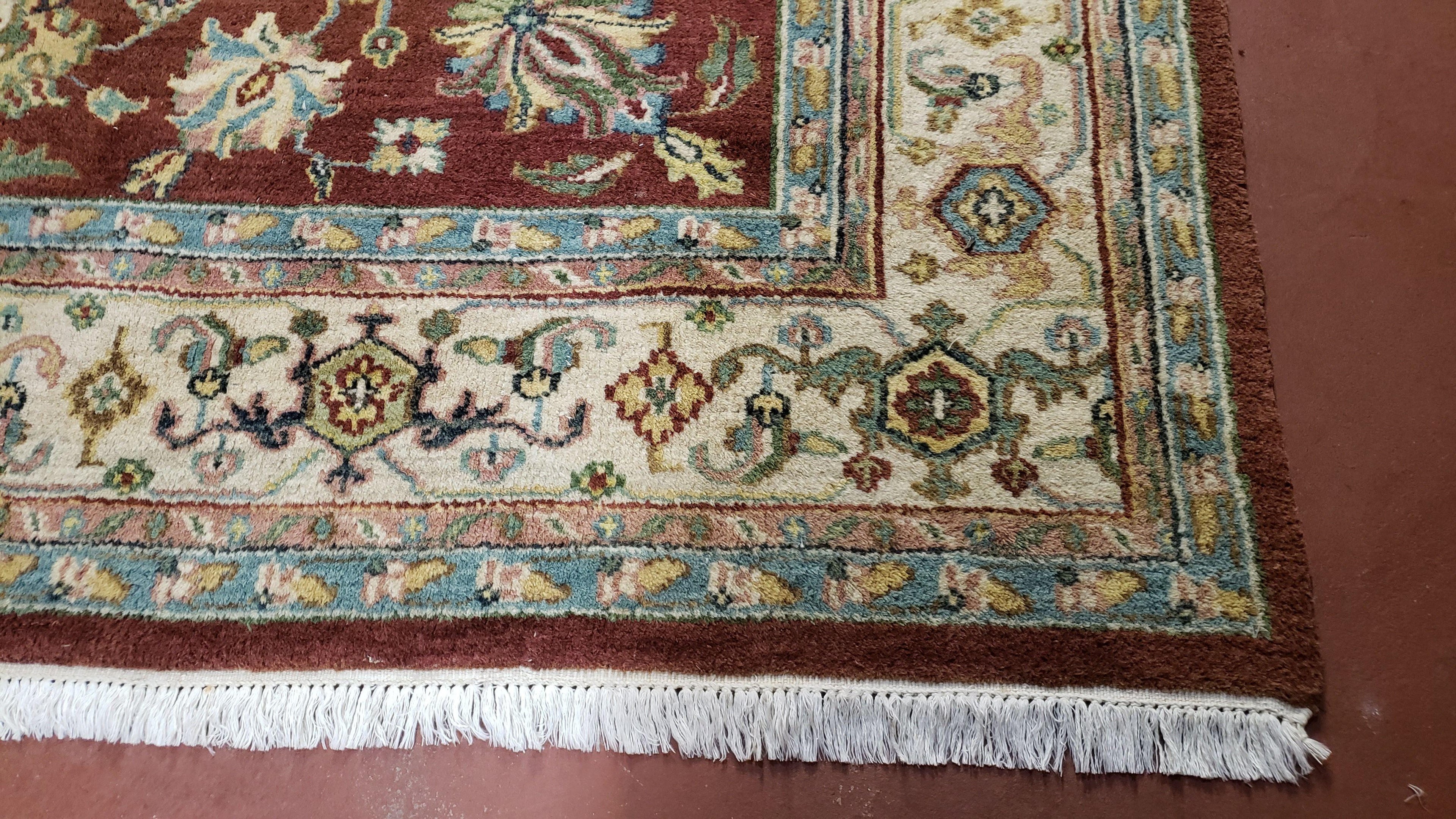 8x12 Indo-Mahal Rug, Floral Allover, Red & Beige, Wool Vintage Handmade Traditional Carpet
