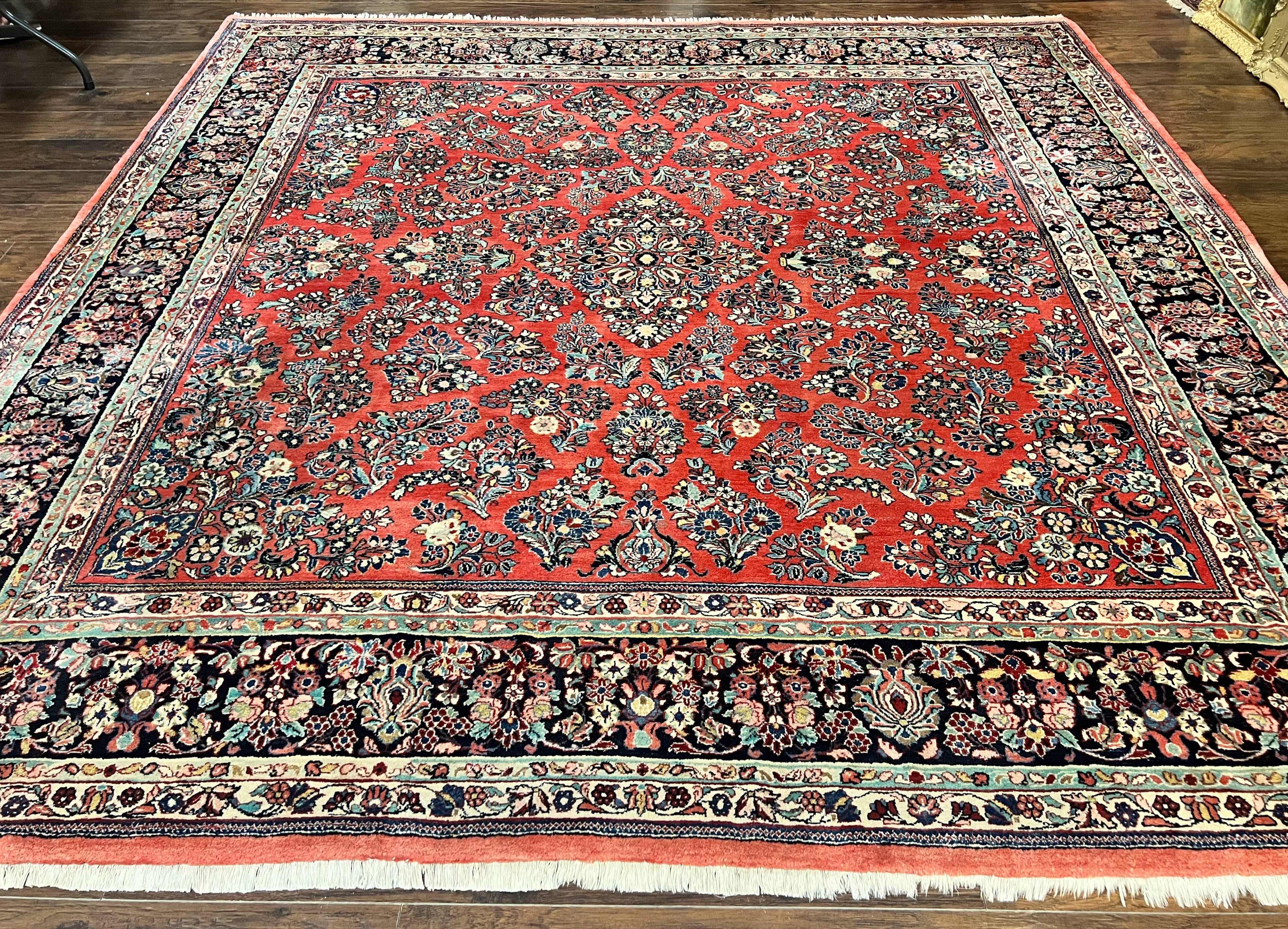 Square Persian Sarouk Rug 11x11 ft, Rare Size, Hand Knotted Wool Floral Allover Red Persian Carpet, Handmade Antique Rug