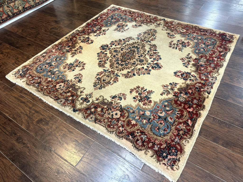 Square Persian Kerman Rug, Beige/Cream and Light Blue, Traditional Persian Rug, 5.5 x 5.5 ft