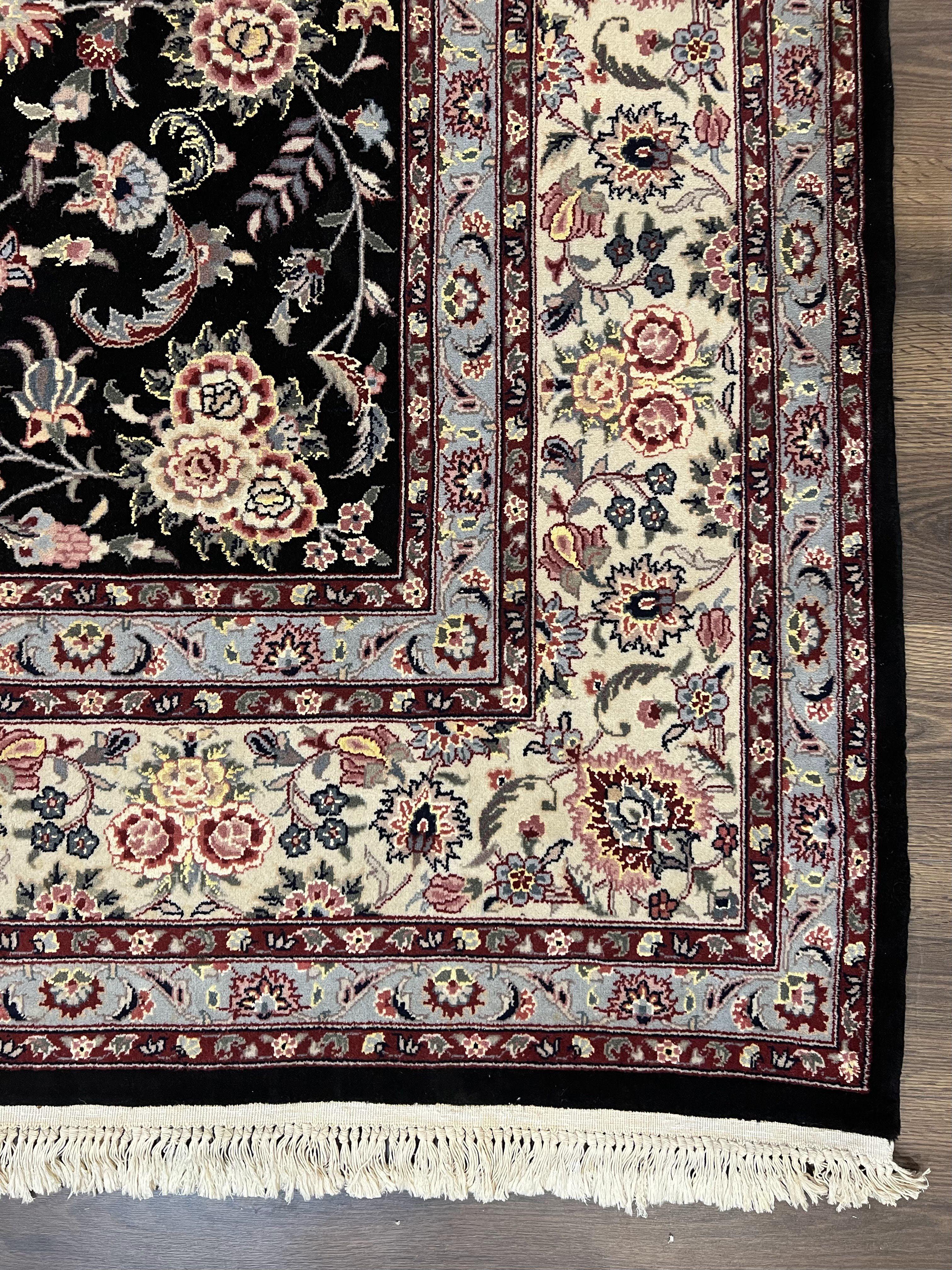 Pak Persian Rug 9x12, Floral Allover, Hand Knotted Oriental Carpet 9 x 12 ft, Black and Cream, Detailed, Wool with Silk Highlights, Vintage