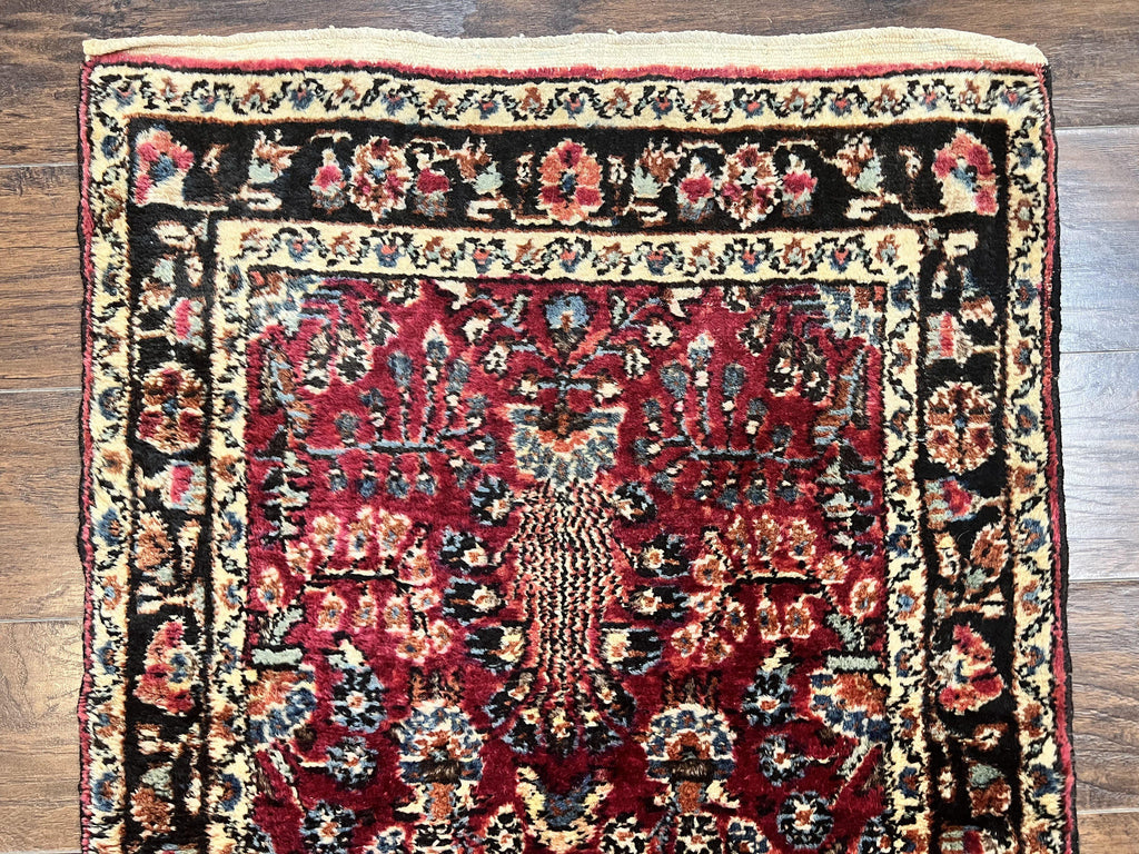 Antique Persian Runner Rug 2.9 x 17, Rare Sarouk Runner, Handmade Wool Rug for Hallway, Red, Floral